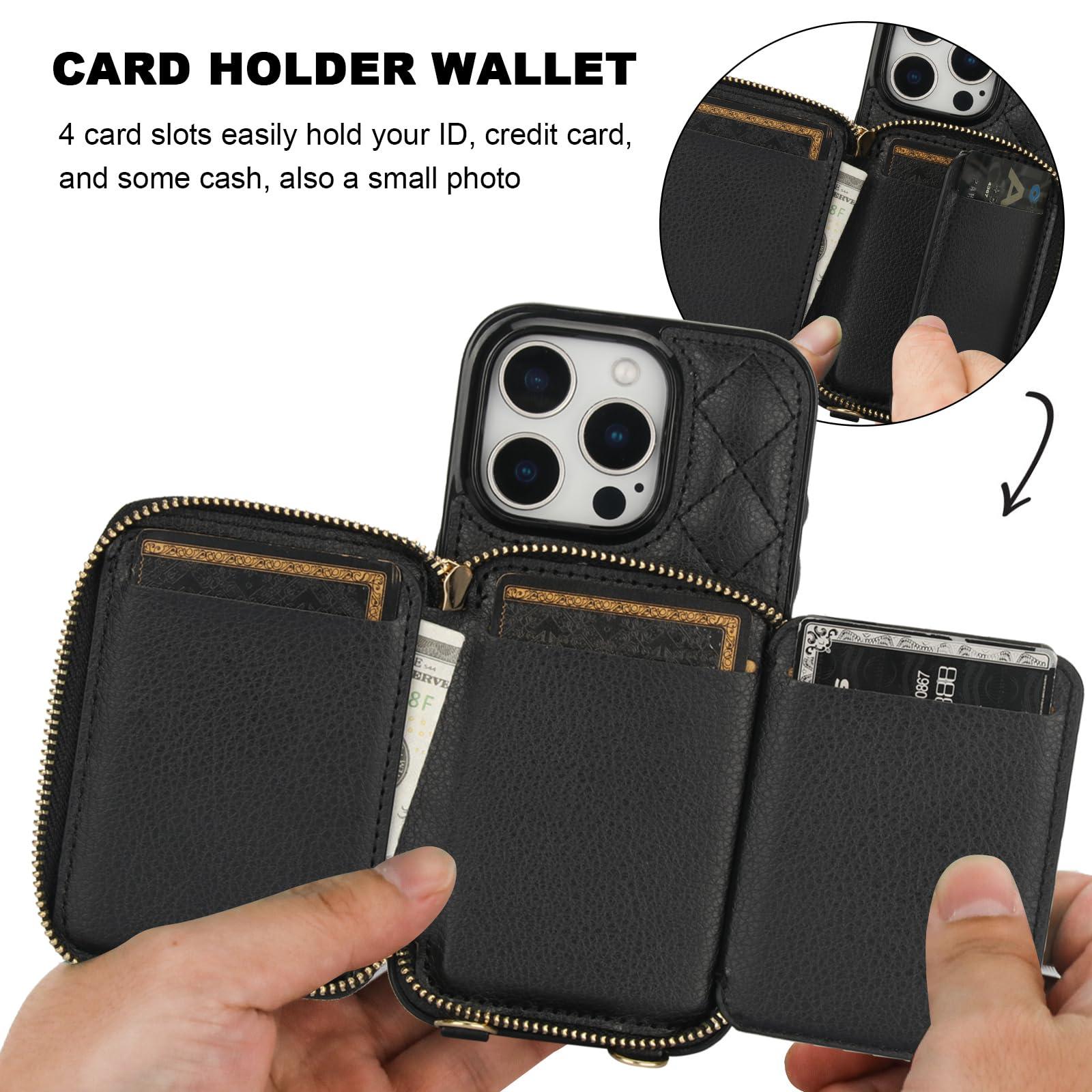Bocasal Crossbody Wallet Case for iPhone 16 Pro, RFID Blocking PU Leather Zipper Handbag Purse Flip Cover, Kickstand Folio Case with Card Slots Holder Wrist Strap Lanyard 5G 6.3 Inch (Black) - Image 4