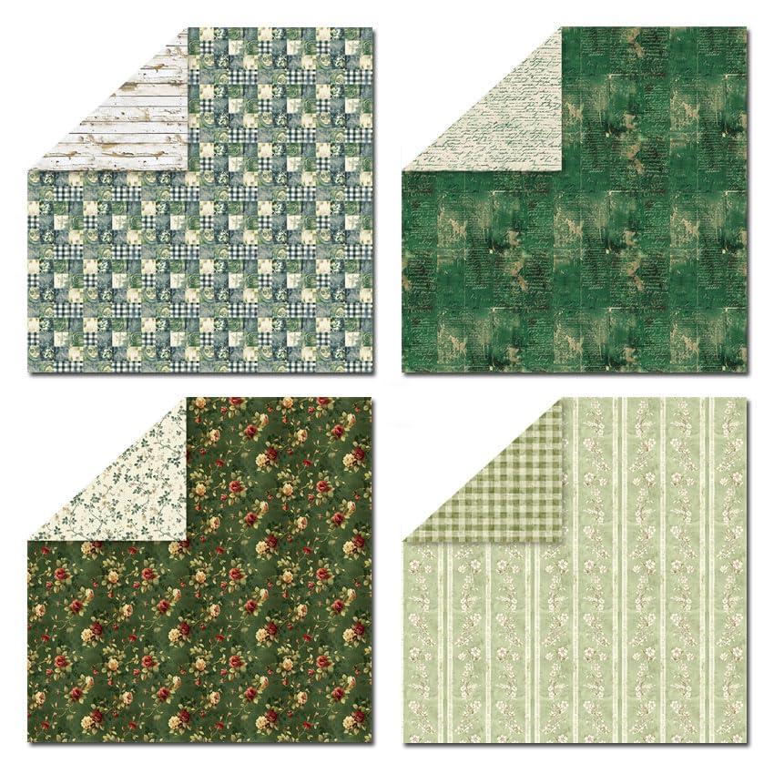 Kauzon 24 Sheets Scrapbook Paper Vintage Green Floral Pattern Double Sided Printing Craft Paper for DIY Card Making Scrapbook Wedding Photo Album Home Décor-12 x 12 Inches - Image 4