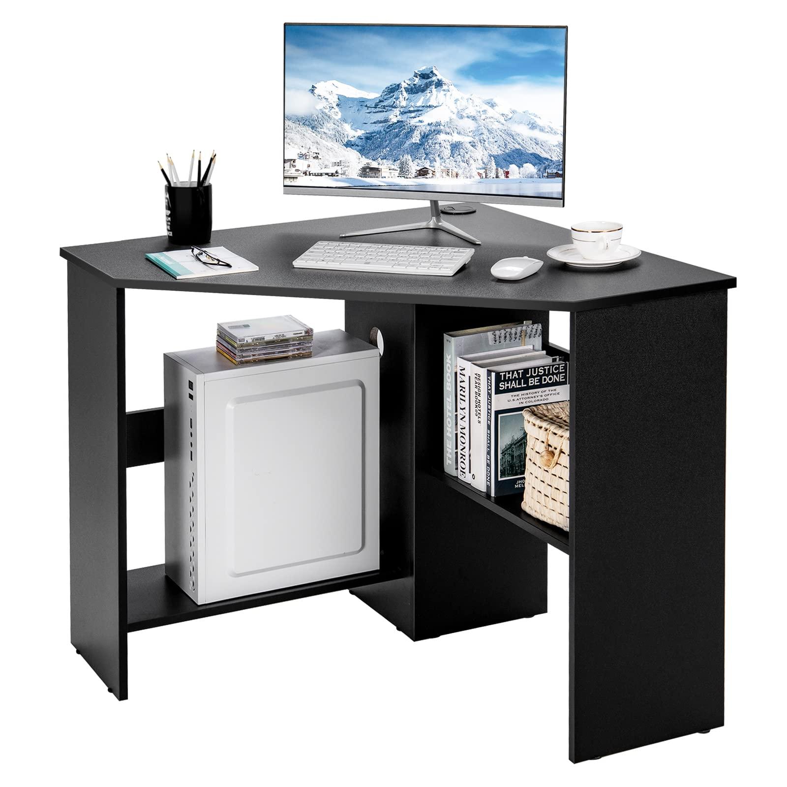 Tangkula Corner Desk, 90 Degrees Triangle Computer Desk for Small Space, Space Saving Bedroom Corner Makeup Vanity Desk with Storage Shelves & CPU Stand, - Image 9