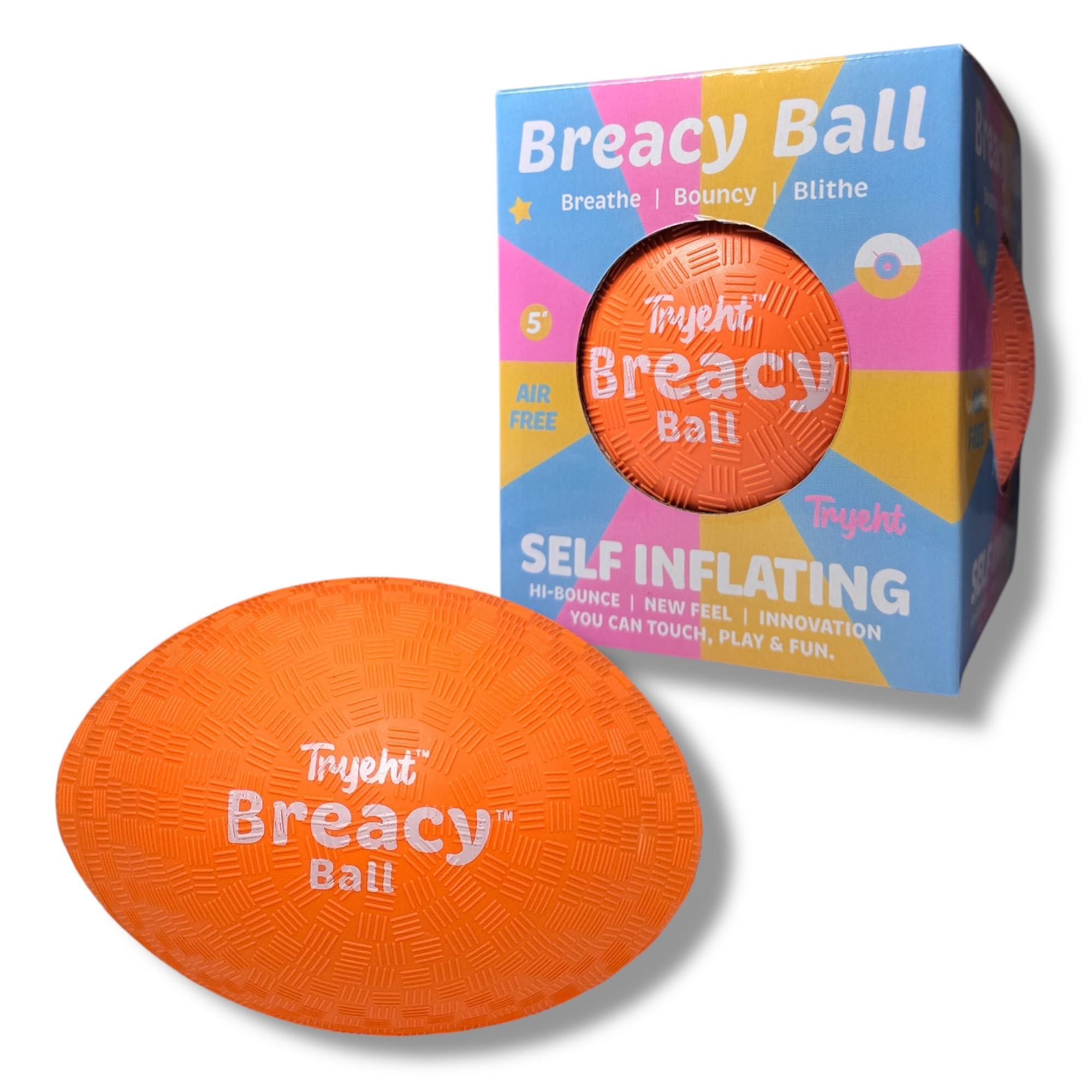 Tryeht Self Inflating Ball 5", Rubber New Feel Breacy Ball, Hi Bouncy, Never Need Pump, Neon Orange, Playground Balls, Handball, Dodgeballs, Picnic and School Play in and Outdoor