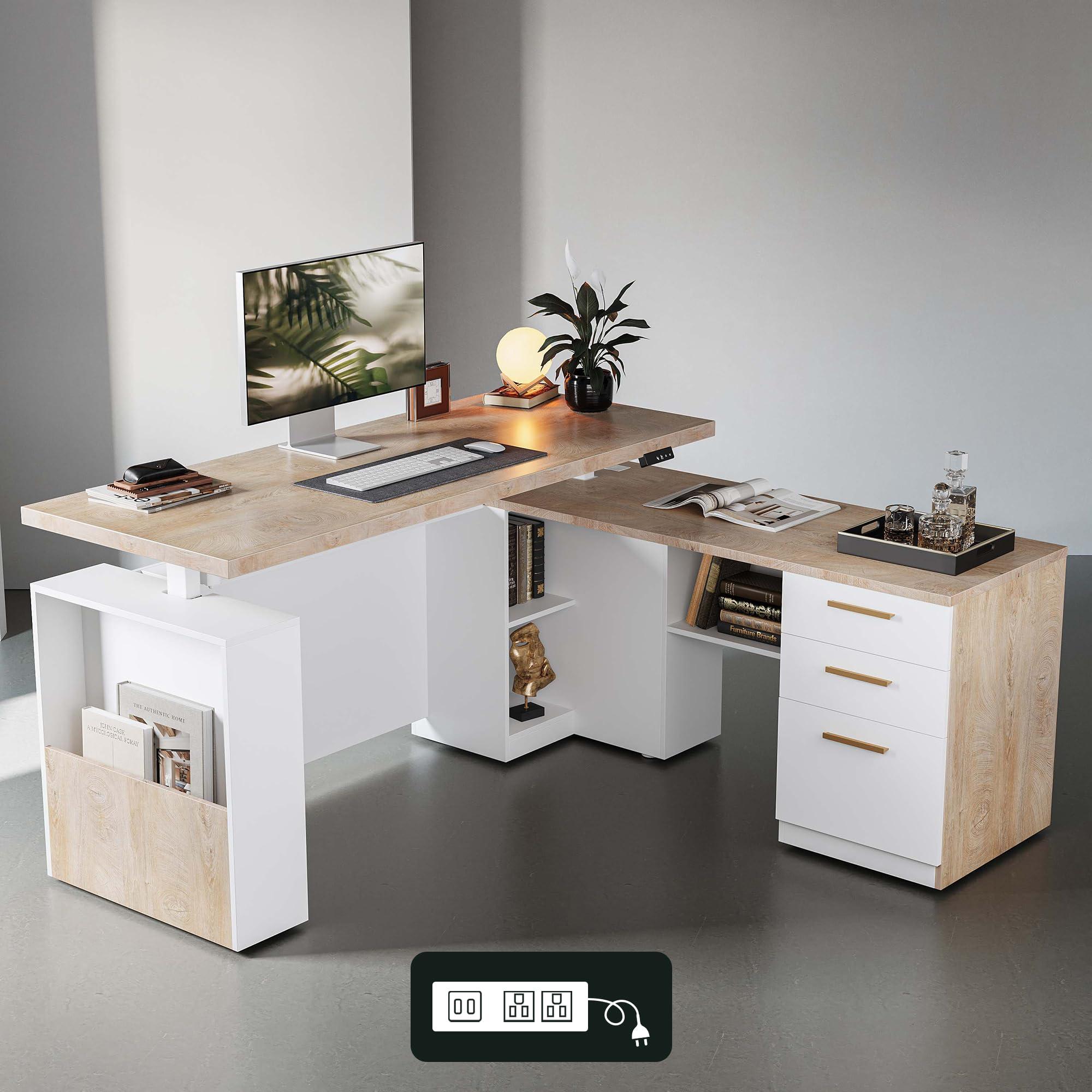 ModernMate 63" Standing Desk with File Cabinet, Privacy Panel, AC/USB, 1.18" Desktop, Executive L Shaped Height Adjustable Electric Stand Up Desk, Home Office Table with 3 Drawers, Light Walnut - Image 8