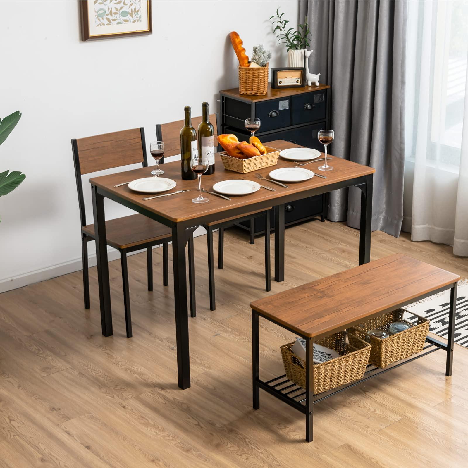 Giantex Dining Table Set for 4, 43" Kitchen Table and Chairs, Dining Bench with Metal Frame & Storage Rack, 4-Piece Modern Functional Desk Set for Dinette, Small Space, Apartment, Restaurant, Brown - Image 2