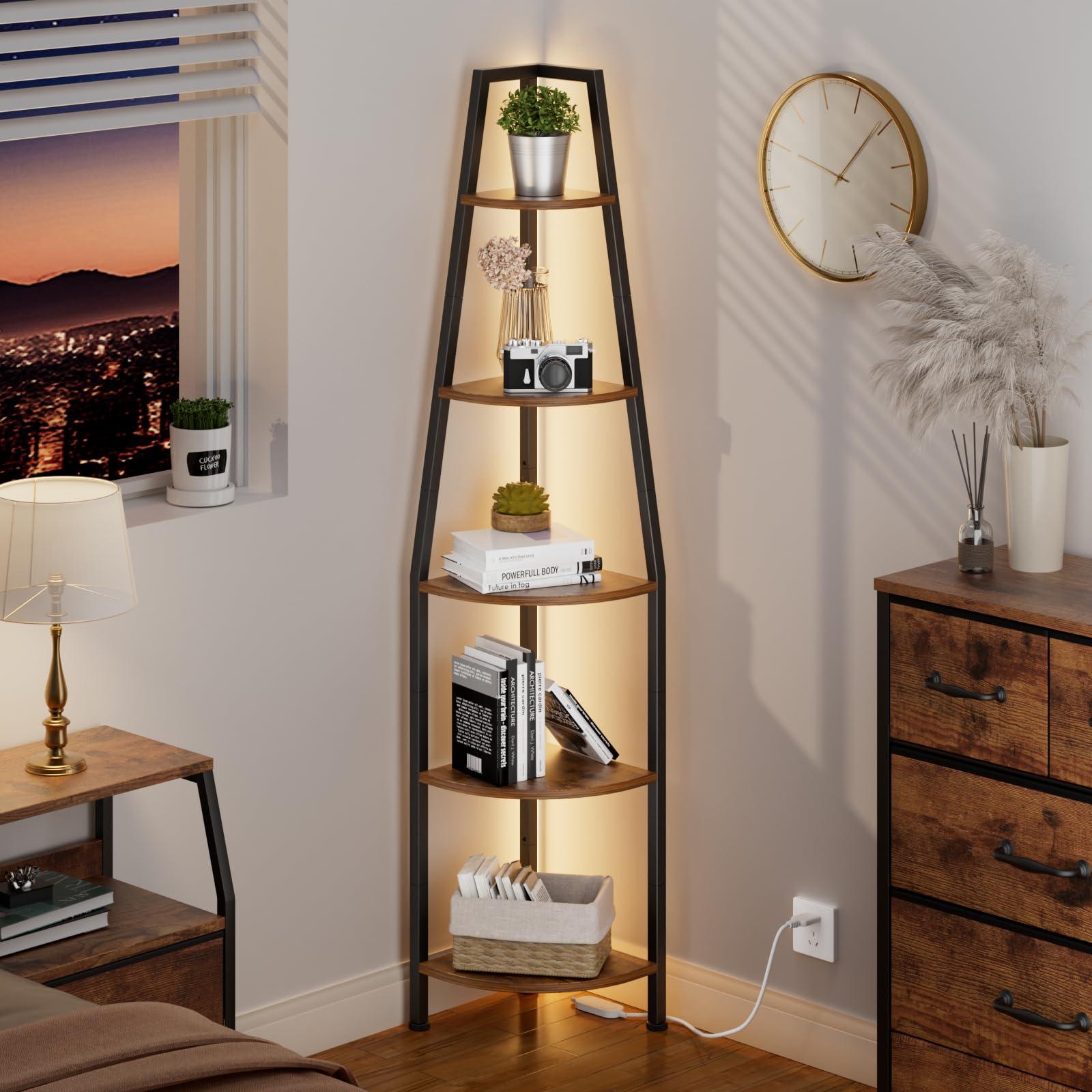 Furnulem 5 Tier Corner Shelf with LED Light, 67.2” Tall Standing Shelf for Wall Corner, Narrow Bookshelf Ladder Shelf for Bedroom, Living Room, Plant, Wood Storage Rack, Metal Frame (Rustic Brown) - Image 6