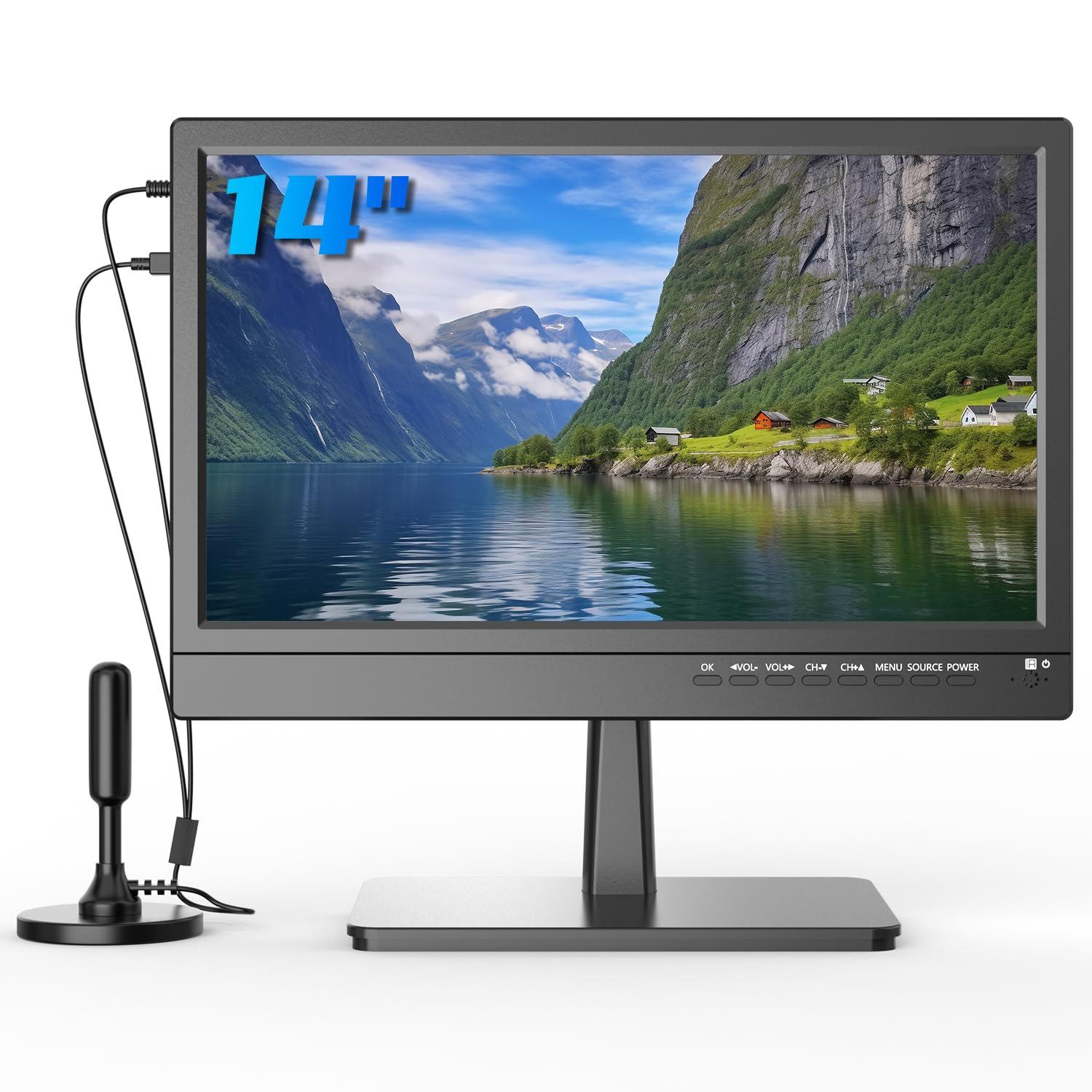 Feihe 14 inch Flat Screen Kitchen TV, RV, Camping, Outdoor, Small, ATSC Tuner, USB, HDMI, AV, VGA, Built-in TV Stand, Remote Control, for Bedroom, Office