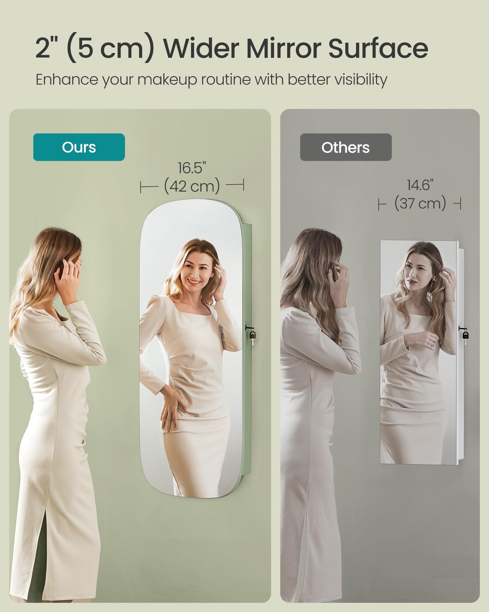SONGMICS Jewelry Organizer, LED Jewelry Cabinet Wall/Door Mounted, Lockable Rounded Wide Mirror with Storage, Interior Mirror, 3.9 x 16.5 x 42.5 Inches, Laurel Green Surface with Cream White Lining - Image 5