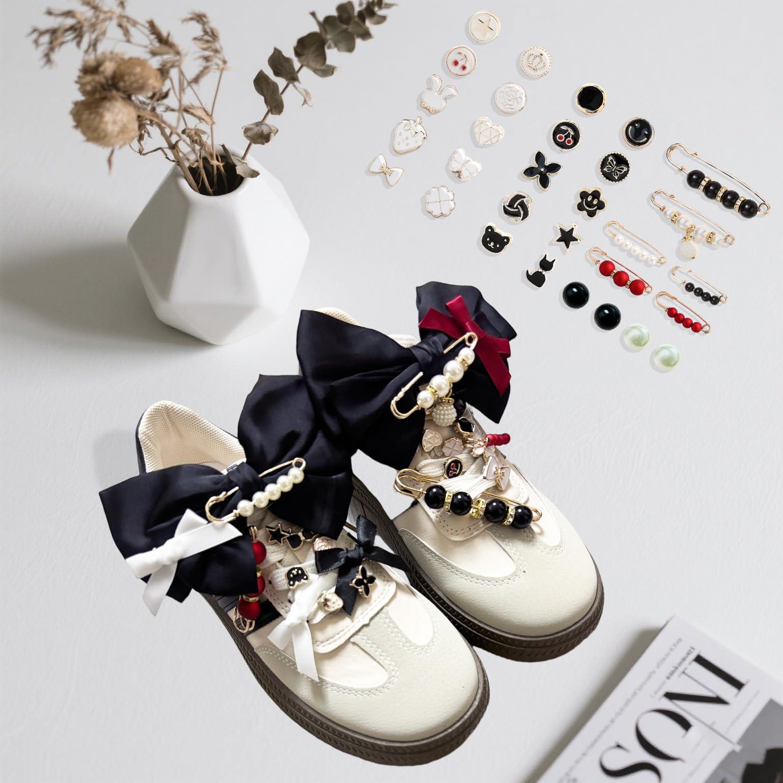 Lospfo 38 Pcs Shoe Charms for Sneakers Satin Bow Sneaker Charm for Shoe Lace with Bows/Jewelry/Pins/Clips Shoelace DIY Charms Decoration for Women (Black) - Image 2