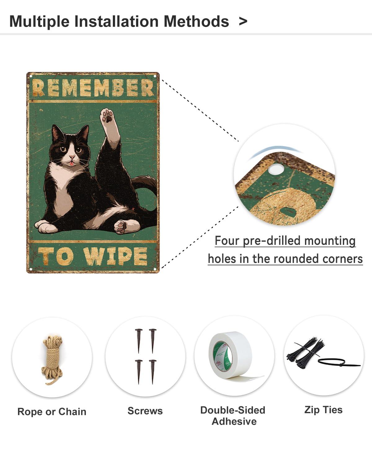 ALKB Bathroom Tuxedo Cat Sign - Remember to Wipe - Cat Lover Gift 8x12 Inch Vintage Metal Sign for Bathroom Decorations - Image 7
