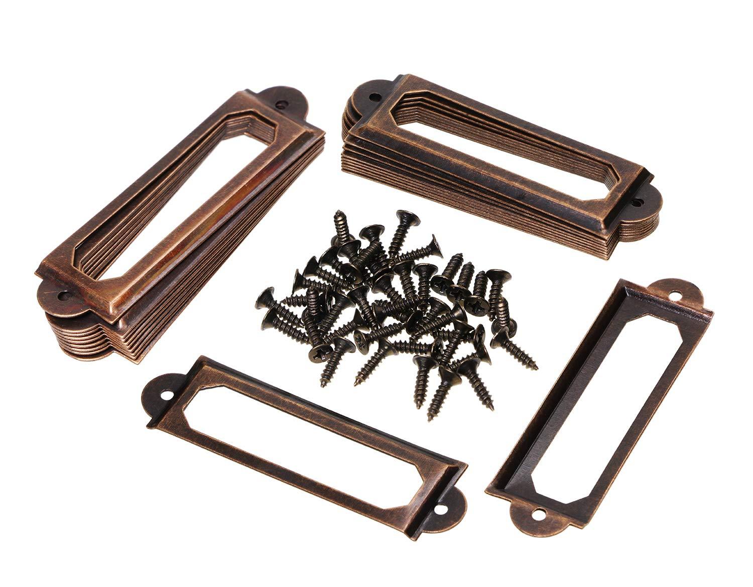 ONLYKXY 20Pcs Antique Brass Metal Drawer Door Lab Tag Label Pull Frame Handle File Name Card Holder for Furniture Cabinet Hardware Box Case Bin 17x60mm (Red Copper)