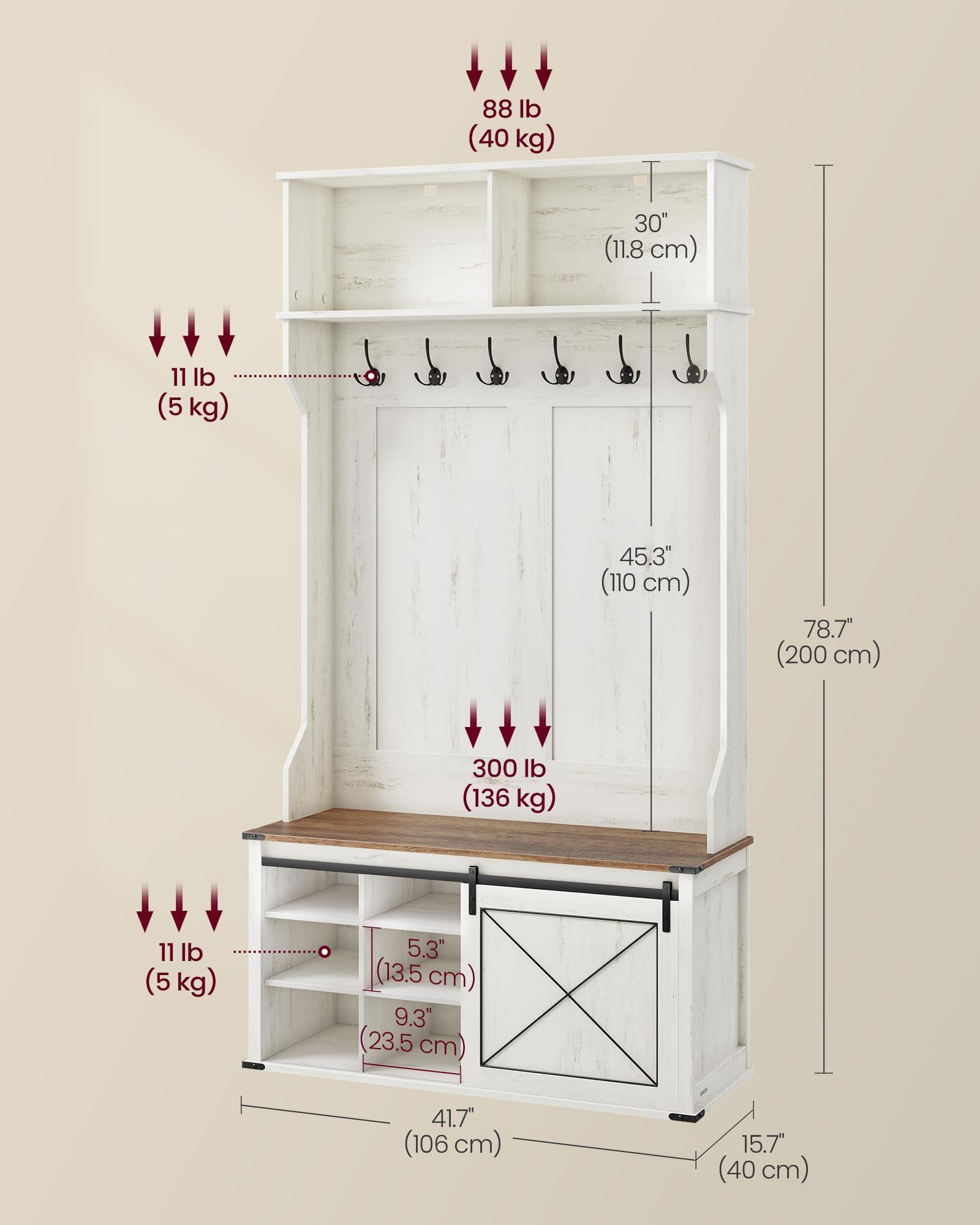 VASAGLE Hall Tree with Bench and Shoe Storage, Coat Rack with Shoe Bench, Entryway Furniture, 6 Tri-Hooks, Sliding Door, Farmfouse Style, Space Saving, Rustic White and Honey Brown UHSR442W01 - Image 6