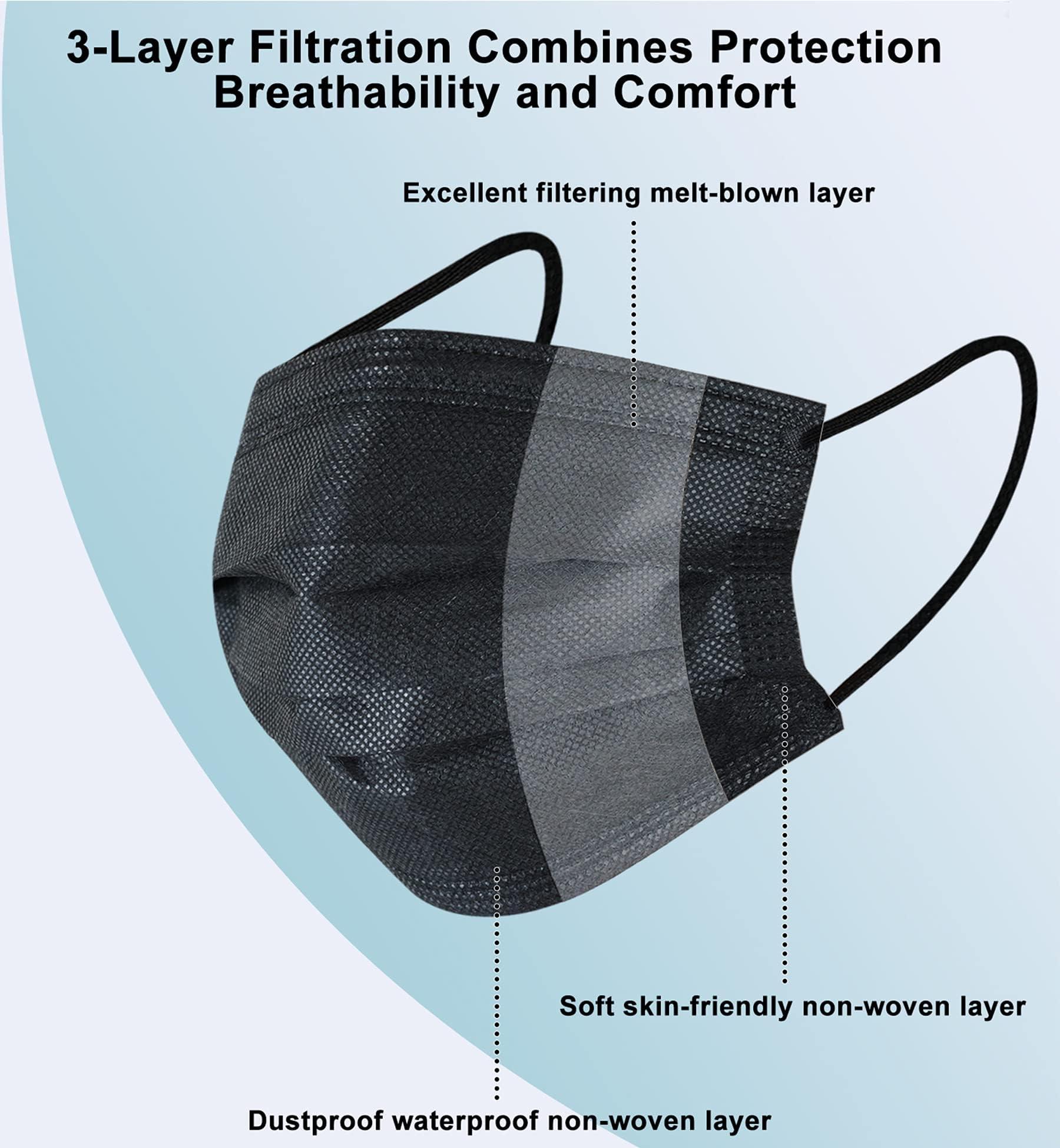 akgk 100Pcs Disposable Face Masks, Black Face Mask, 3 Ply Disposable Mask - Image 3