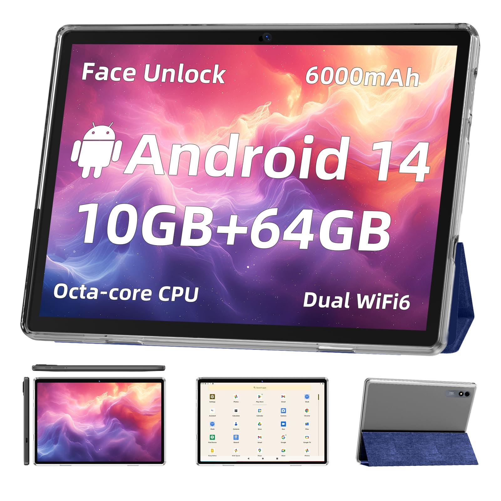 Android 14 Tablet,10 inch Tablets, Octa Core Processor, 10GB+64GB+512GB Expansion, 1280x800 HD IPS Display Screen, Wi-Fi6, Dual Camera, 6000mAh Battery Tablet PC,Support Widevine L1 Google Kids Space