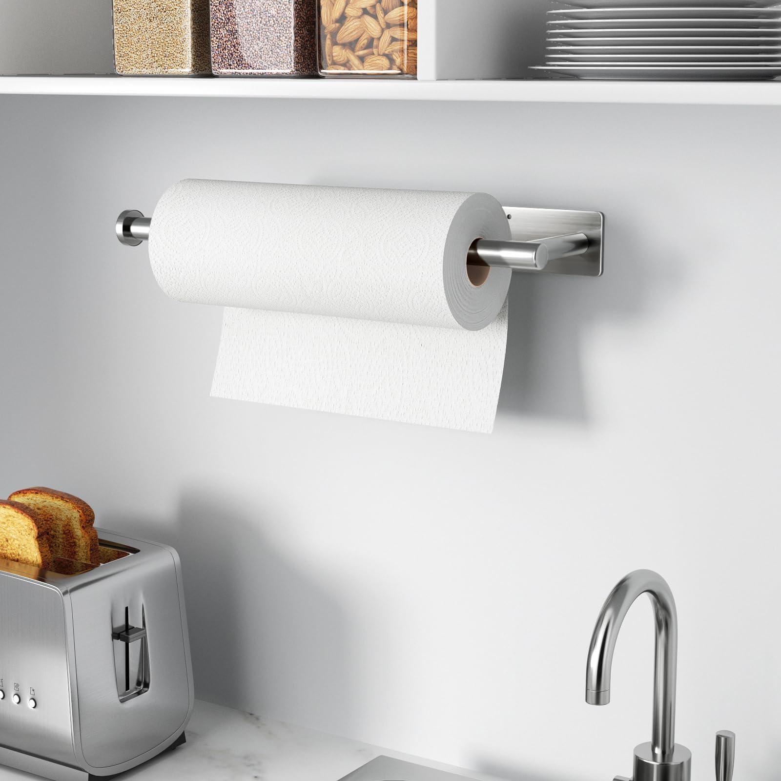 Paper Towel Holder - Self-Adhesive or Drilling, Brushed Nickel, Wall Mounted, SUS304 Stainless Steel Kitchen Roll Dispenser Under Cabinet - Image 7