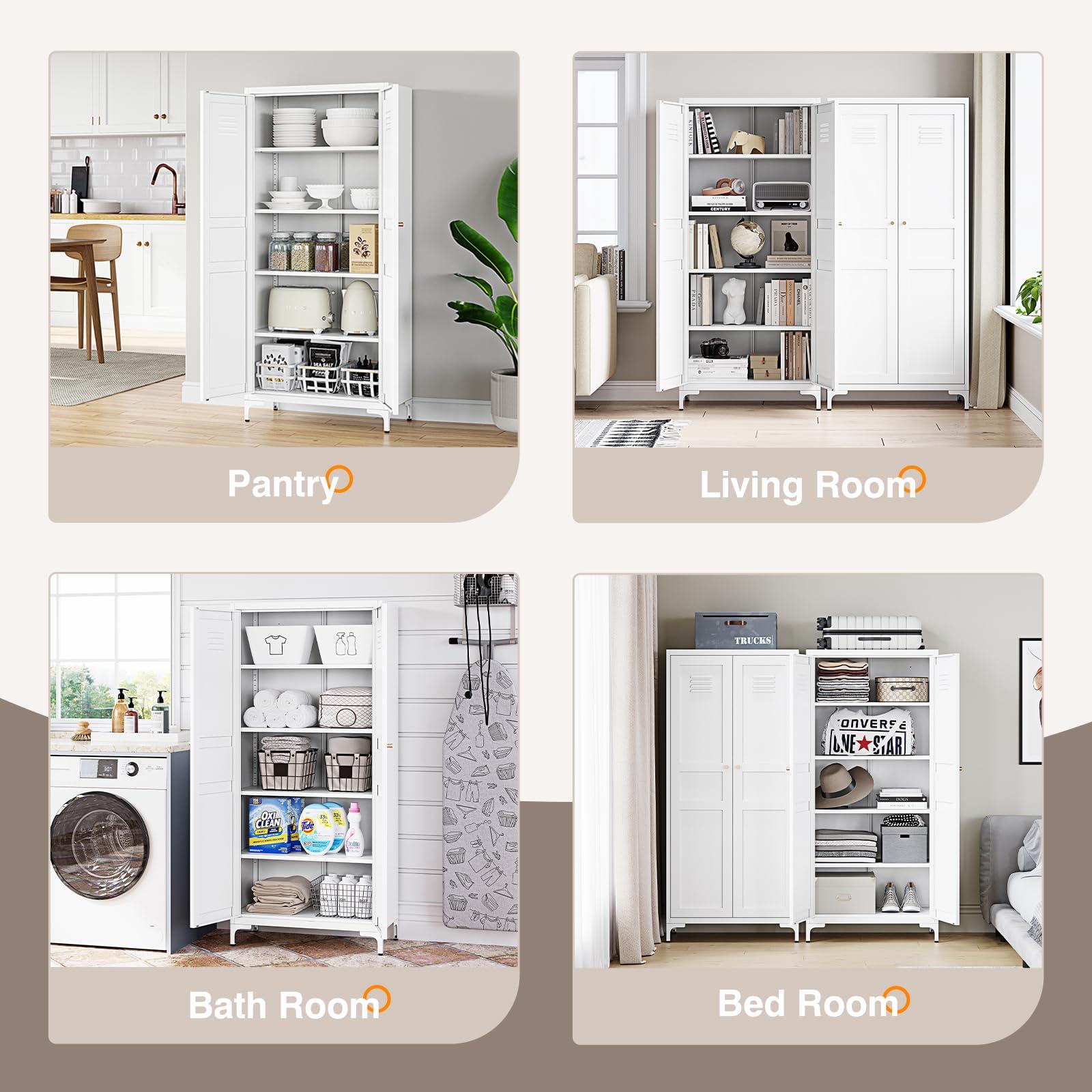Yizosh Metal Storage Cabinet with 2 Doors and 4 Adjustable Shelves - 61" White Kitchen Pantry Storage 5-Tier Tall Steel Cabinets Locker for Kitchen, Living Room, Dining Room - Image 5