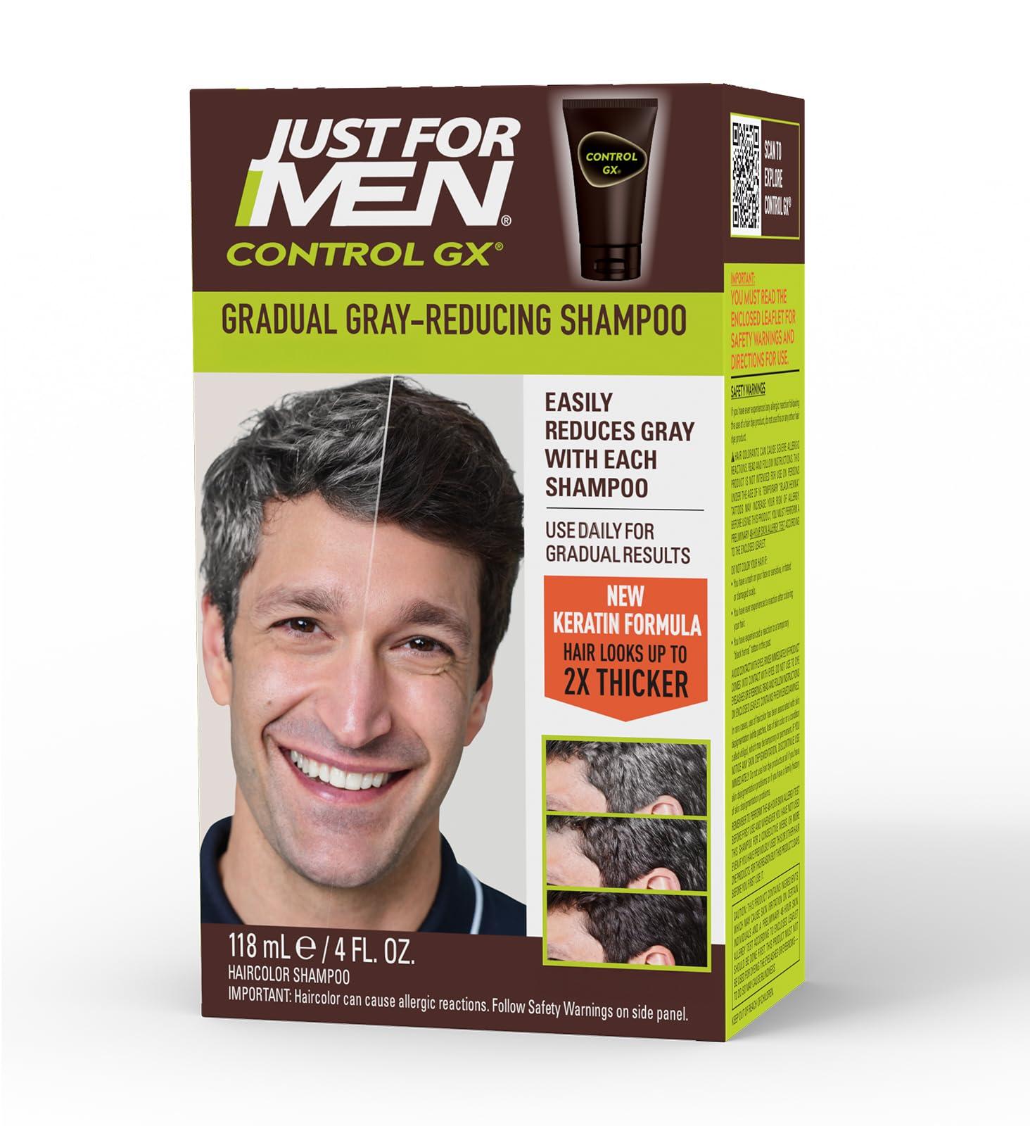 Just For Men Control GX Grey Reducing Shampoo, Gradual Hair Color with Keratin for Stronger Thicker and Healthier Looking Hair, 4 Fl Oz - Pack of 1 (Packaging May Vary)