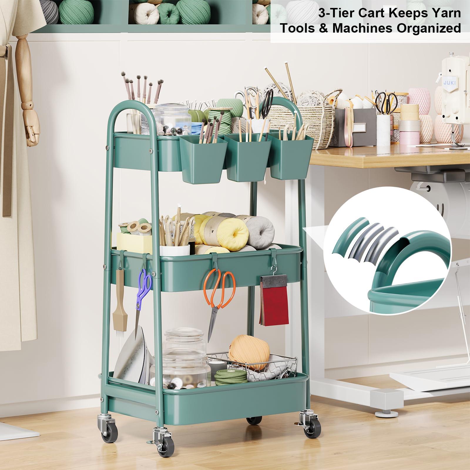 3 Tier Green Metal Rolling Cart with Lockable Wheels and Handle, 3 Tiered Utility Storage Organizer Carts for Teachers, Arts, Craft, Snack, Book, Bedside, Nursery, Cleaning Supplies, Easy Assembly - Image 3