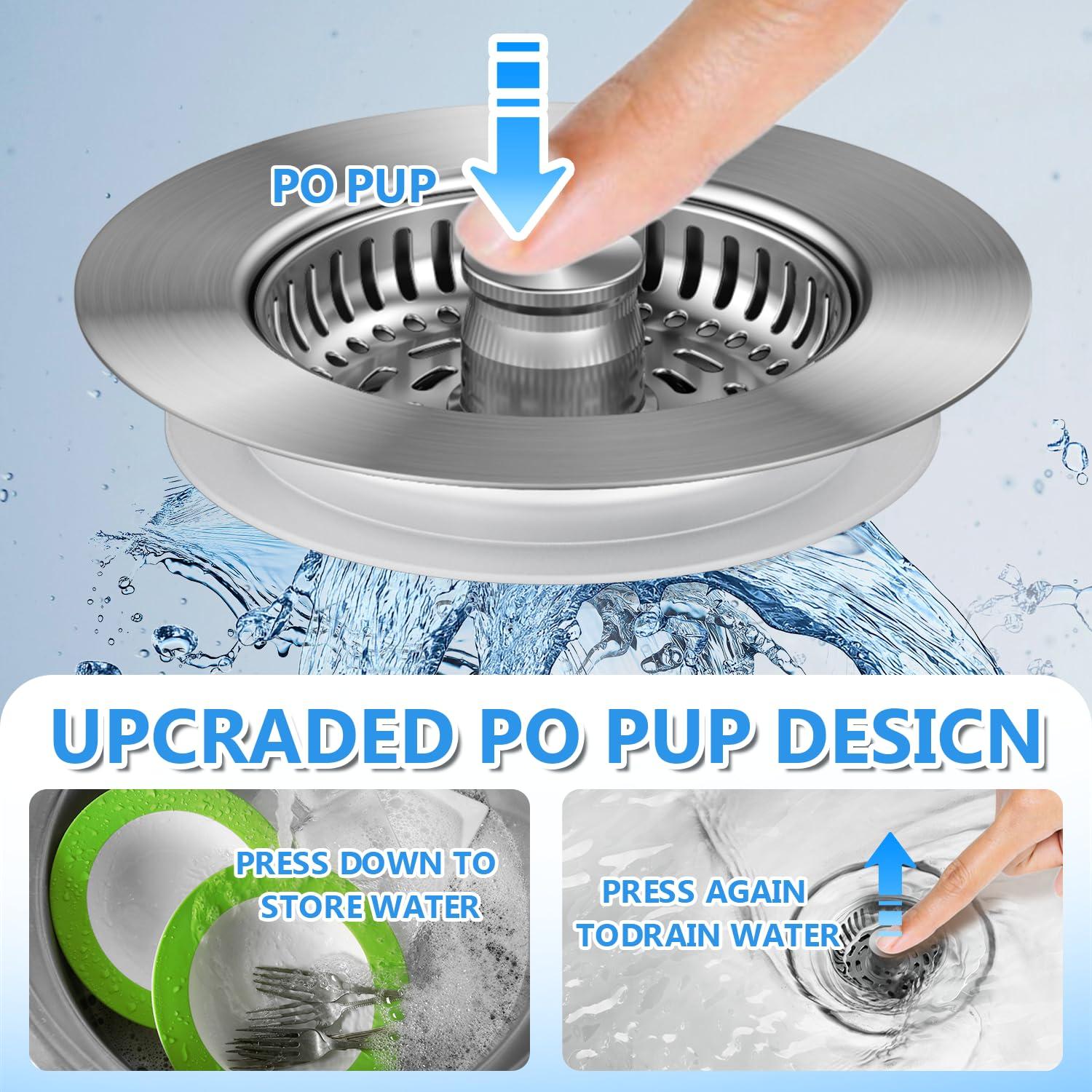 3 in 1 Sink Drain Strainer for Kitchen, 10,000 Tested, Stainless Steel Pop-up Sink Stopper, Anti-Clog Deodorizing Fast Drain Plug, Fits Standard 3.5 in Kitchen Sink Drain Strainer, Upgrade Design - Image 5