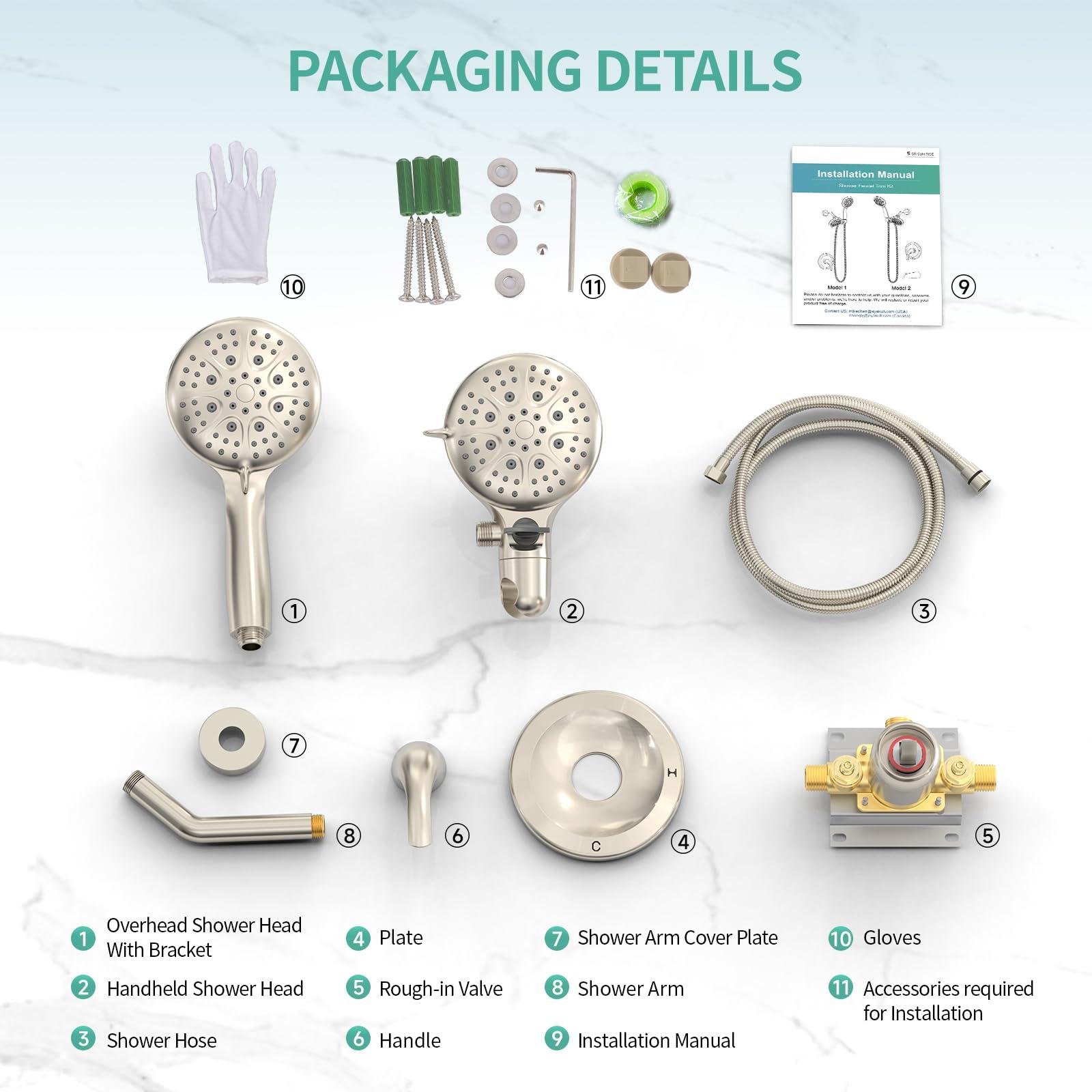 SR SUN RISE Shower System with Handheld Shower and Rain Shower Combo Set High Pressure 5-spray Dual 2 in 1 Shower Faucet Patented 3-way Diverter Brushed Nickel (Valve Include） - Image 9