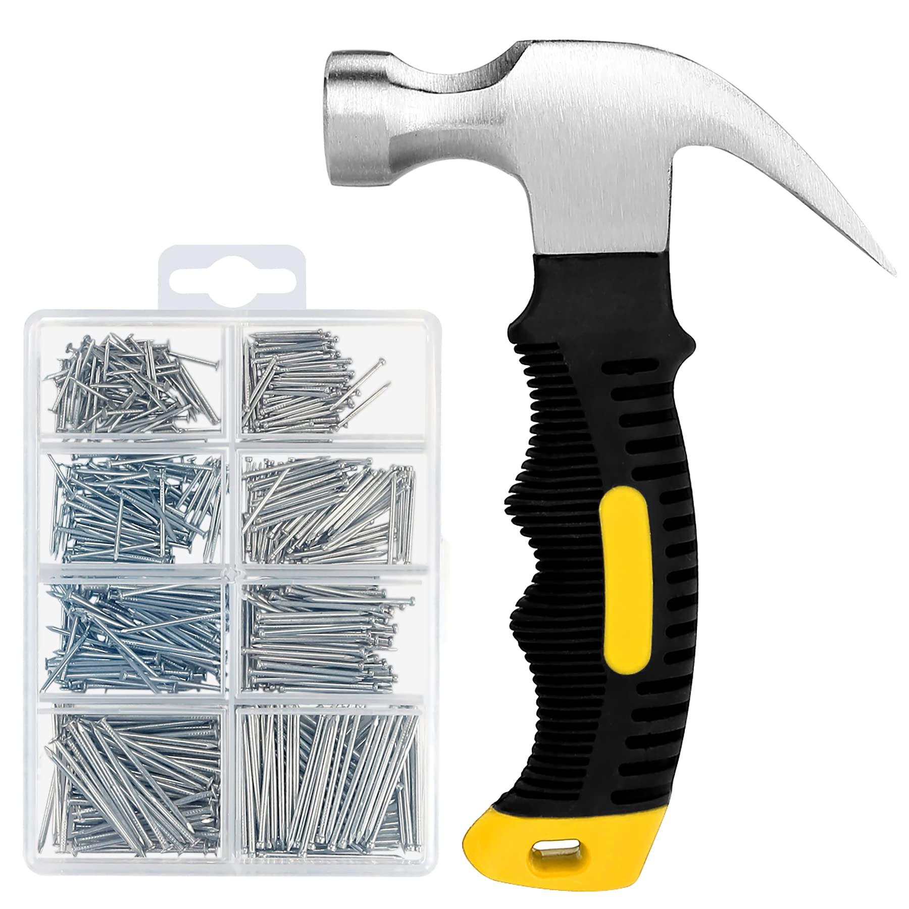 KURUI 700PCs Small Nails for Hanging Pictures & 8oz Small Hammer, Mini Hammer for Hanging Wall Decor, Hardware Roofing Nails Assortment Kit, 280 Wall Nails & 280 Finishing Nails, Picture Hangers