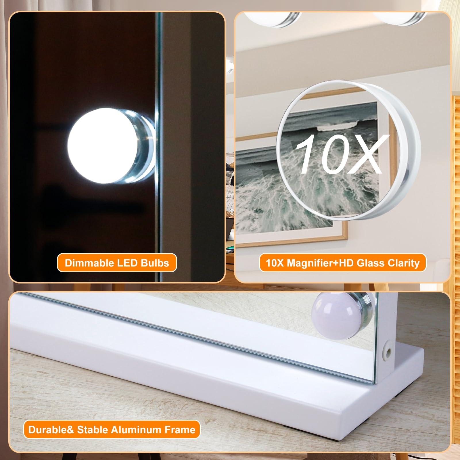 Moonee Vanity Mirror with Lights, Hollywood Lighted Makeup Mirror with 15 Dimmable Bulbs and 10X Magnification, 3 Colors Modes, Aluminum Metal Frame, Light Up Mirror for Tabletop or Wall（23" x 18"） - Image 7