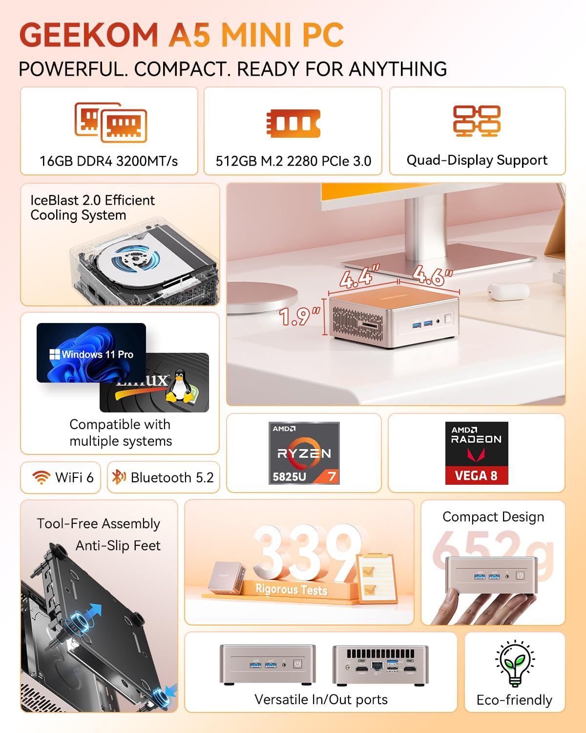 GEEKOM A5 Mini PC, AMD Ryzen 7 5825U (8C/16T, up to 4.5GHz), 16GB DDR4&512GB M.2 PCIe NVMe SSD, Vega 8 Graphics, Windows 11 Pro Desktop Computer Support 8K UHD/Wi-Fi 6/Bluetooth 5.2/USB 3.2 - Image 2