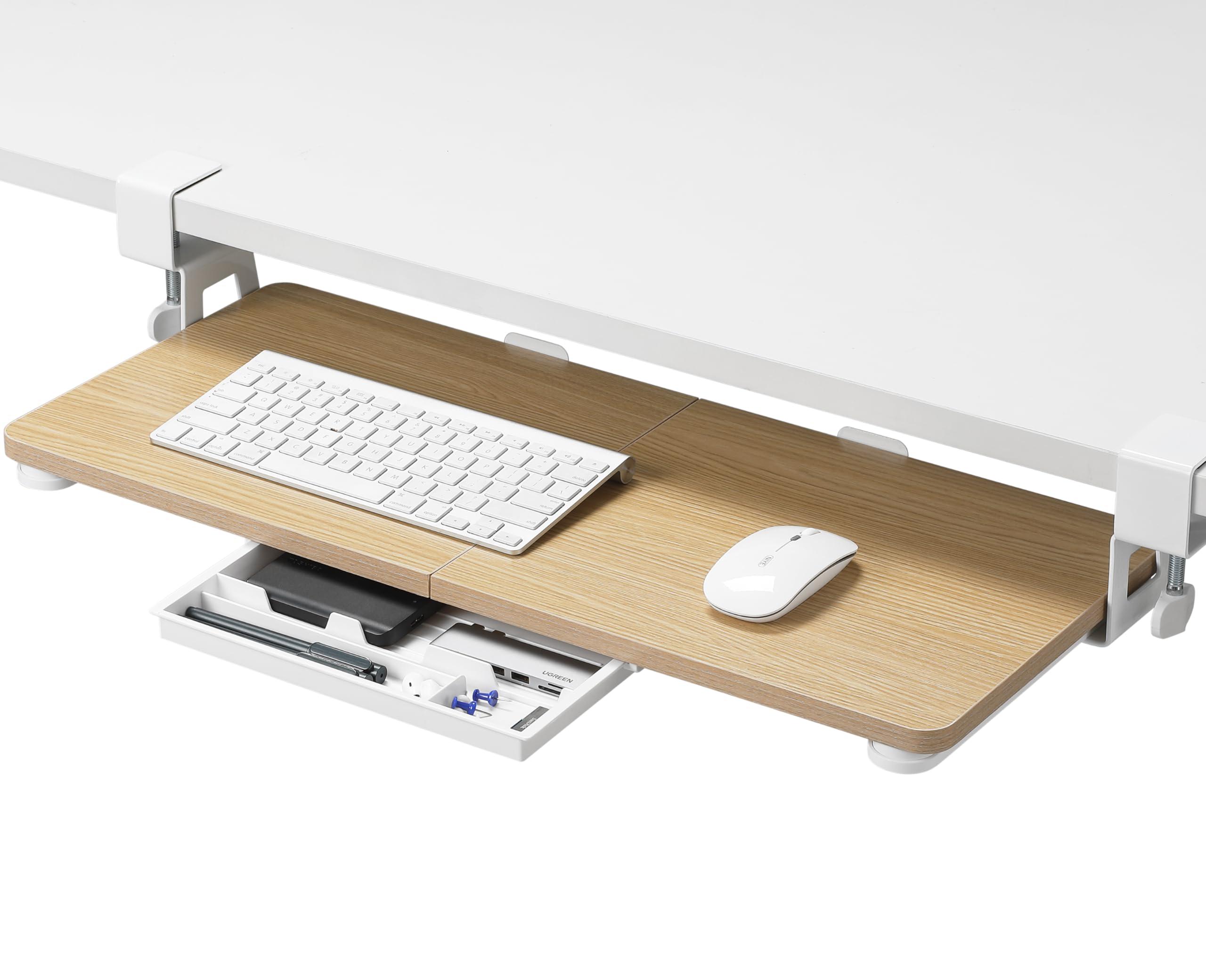 ETHU Keyboard Tray Under Desk, 26.77" X 11.81" Large Size Keyboard Tray with C Clamp-on Mount Easy to Install, Computer Keyboard Stand, Ergonomic Keyboard Tray for Home and Office (Oak)