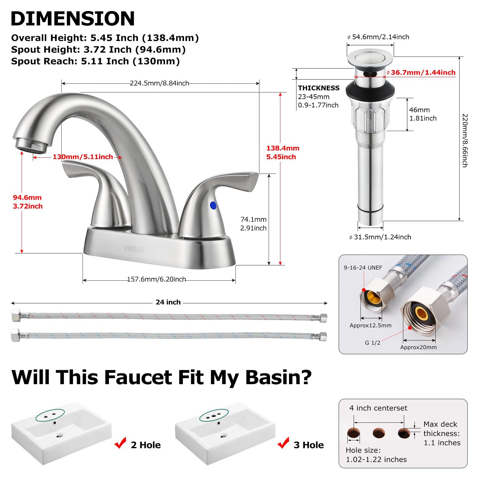 PARLOS 2-Handle Bathroom Sink Faucet with Drain Assembly and Supply Hose Lead-Free cUPC Lavatory Faucet Mixer Double Handle Tap Deck Mounted Brushed Nickel,1.2 GPM Flow Rate - Image 2