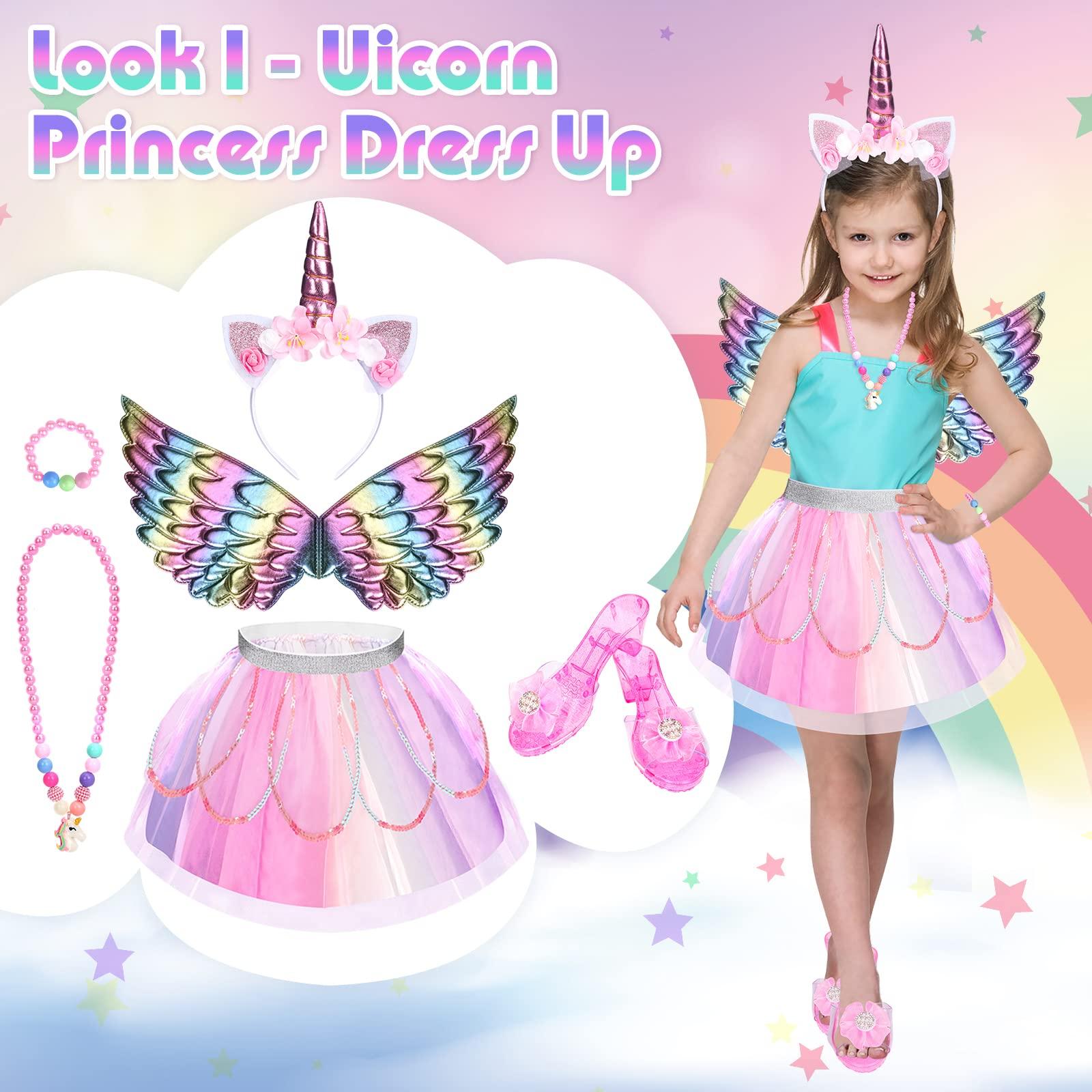 Unicorn & Flower Princess Dress Up Clothes Set for Girls - Tutu, Wings, Shoes, Jewelry, Headband & Play Toys Gift Set for Toddlers - Image 3
