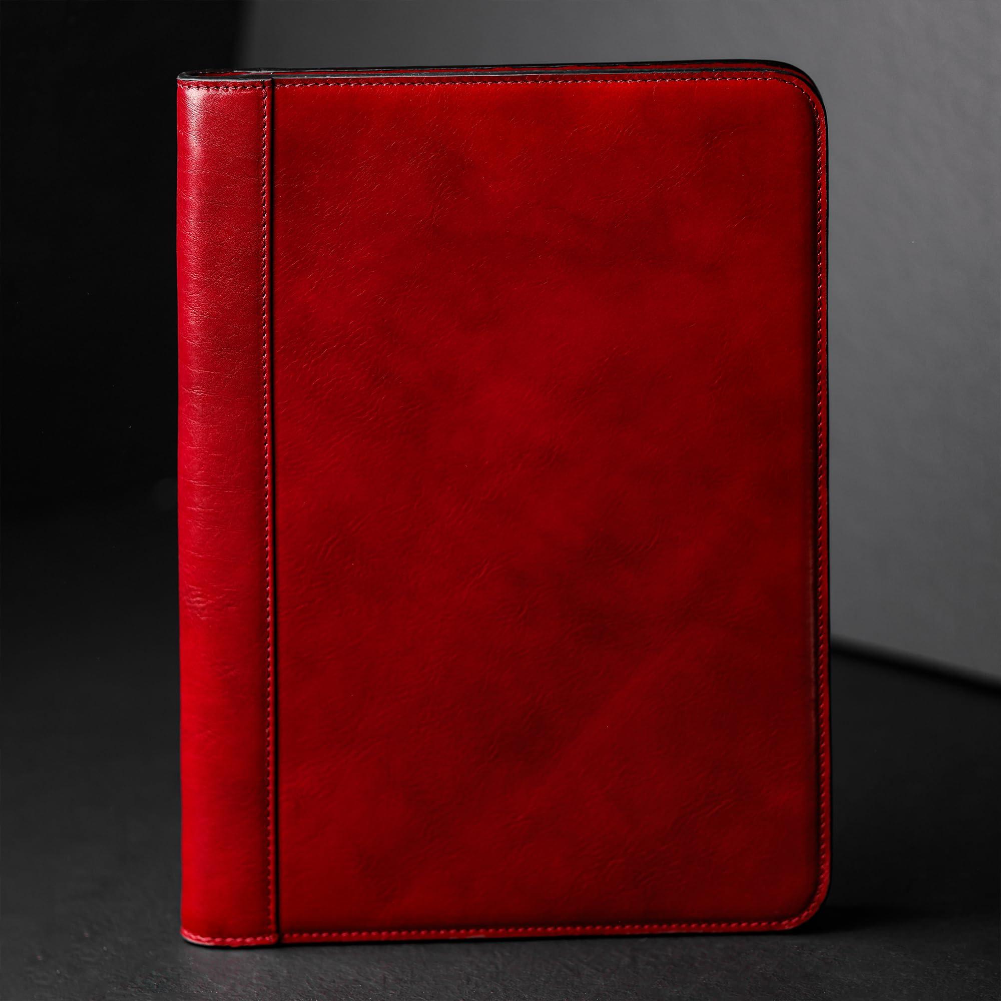 Time Resistance Leather Portfolio - A4 Document Folder - Italian Handcrafted Padfolio Organizer (Red) - Gift Box Included - Image 4