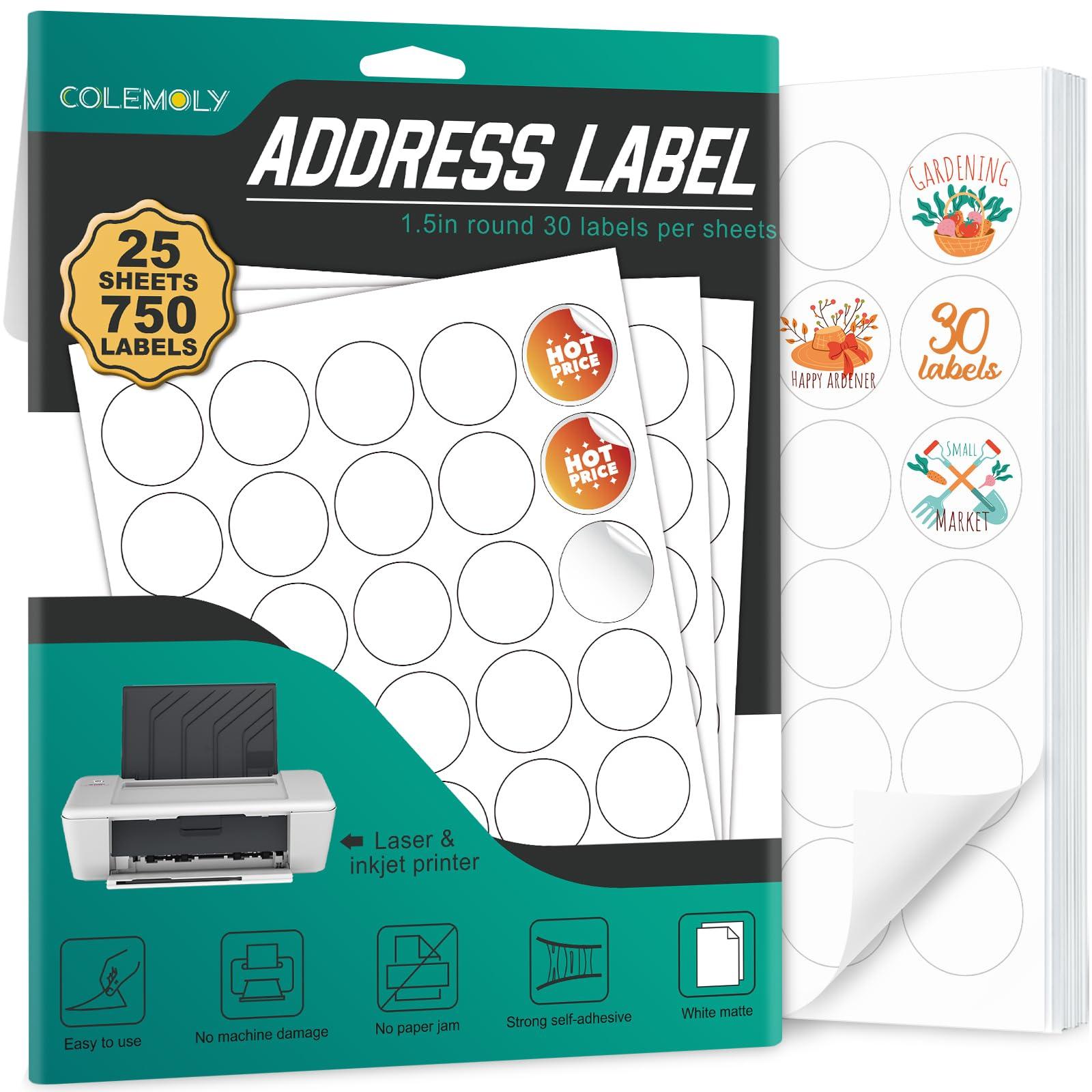 Address Labels 1-1/2” Round for Laser and Inkjet Printers - 25 Sheets, 30 Labels Per Sheet 750 Blank Matte White Sticker Paper for Organization, Labeling, Inventory Management, Product Branding