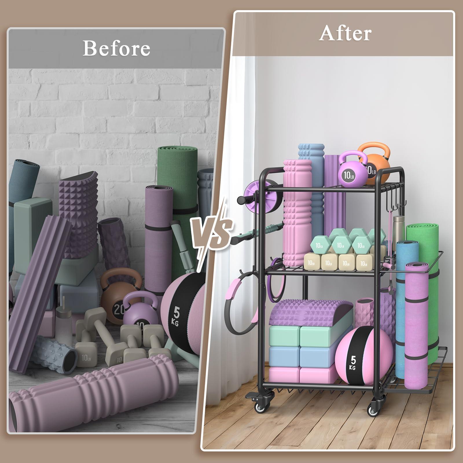 Weight Rack for Home Gym, All in One Yoga Mat Storage Rack, Workout Equipment Storage with Wheels and Hooks for Dumbbells Kettlebells Foam Rollers, Powder Coated - Image 4