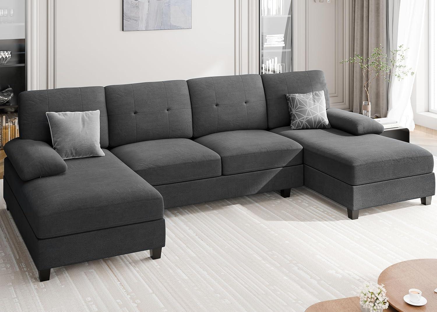 Meilocar Sectional Couches for Living Room, U Shaped Couches, Sectional Sofa with Double Chaise, 4 Seat Living Room Set, Black
