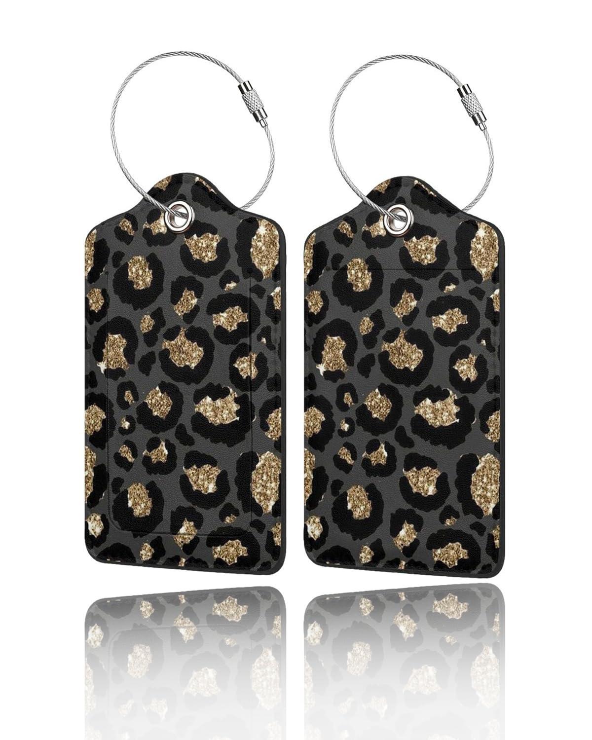 GACCAP 2 Pack Luggage Tags for Suitcase, Privacy Cover ID Label with Stainless Steel and Address Card for Travel Bag Backpack Cruise Ship Essentials Tag Women Girls - Black Gold Leopard Cheetah