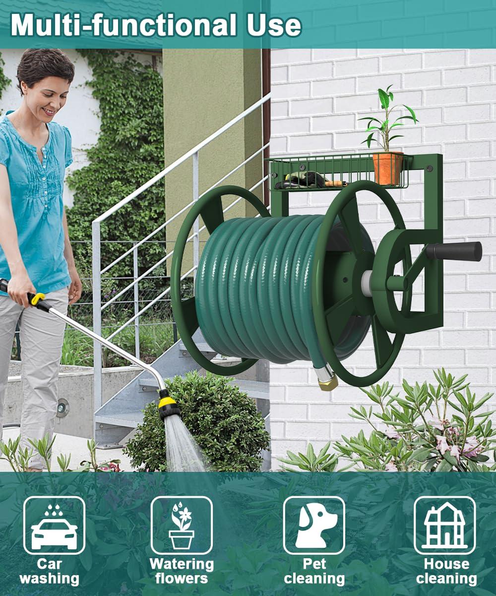 Artigarden Garden Wall Mounted Hose Reel, Outdoor Heavy-Duty Water Hose Holder Winder, Holds 125 Feet of 5/8-Inch Hose, with 3.9 ft Leader Hose, Brass Fitting and Storage Basket for Yard, Green - Image 6