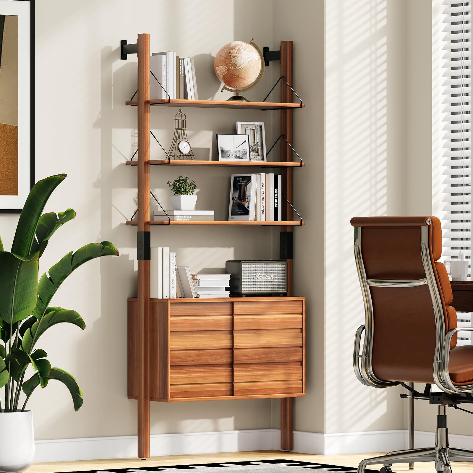 JOINICE, Ladder Bookshelf with Storage Cabinet, Mid Century Modern Wall Mounted Bookcase with Wood and Metal Frame, 6 Tier Open Display Shelves for Living Room, Bedroom, Home Office, Cherry - Image 6