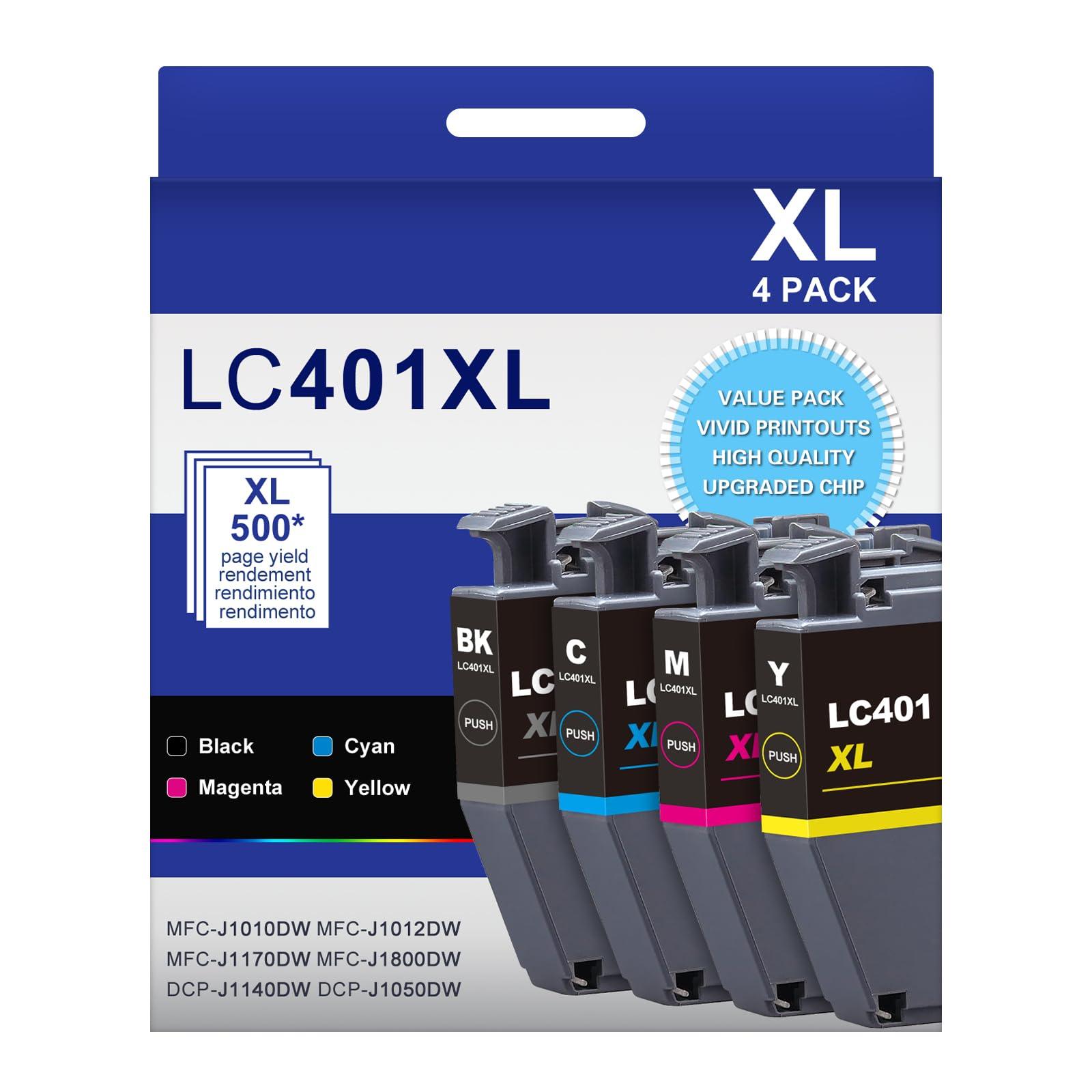 LC401XL LC401 High Yield MFC-J1010DW Ink Cartridges 4-Pack Compatible for Brother 401XL LC-401 Ink Cartridges Work with MFC-J1010DW MFC-J1170DW MFC-J1012DW MFC-J1800DW (Black Cyan Magenta Yellow)