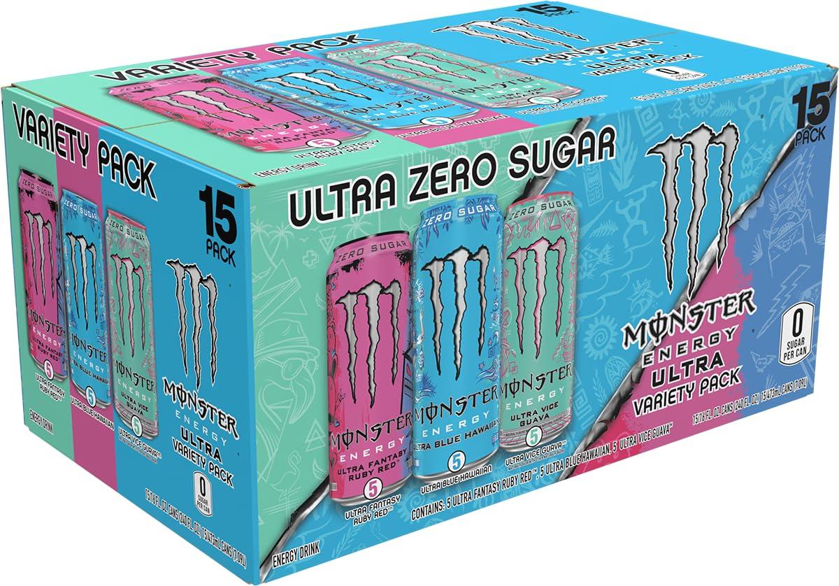 Monster Energy Ultra Variety Pack, Blue Hawaiian, Ultra Vice Guava, Ultra Fantasy Ruby Red, Sugar Free Energy Drink, 16 Ounce (Pack of 15) - Image 2