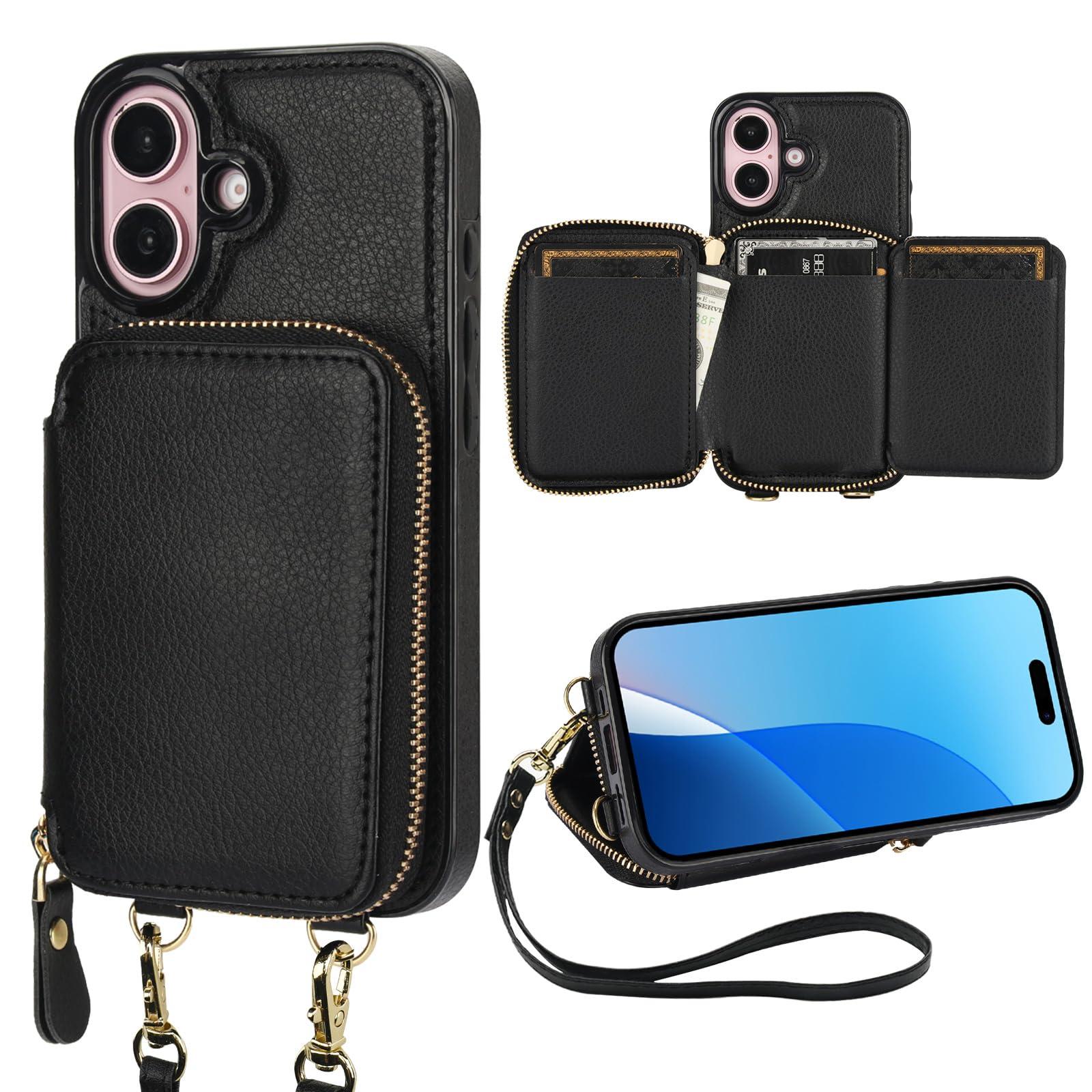 Bocasal RFID Blocking Wallet Case for iPhone 16, Adjustable Crossbody Zipper Purse Case Card Holder with Kickstand Detachable Wrist Strap, PU Leather Flip Folio Case 6.1 Inch 5G (Black)