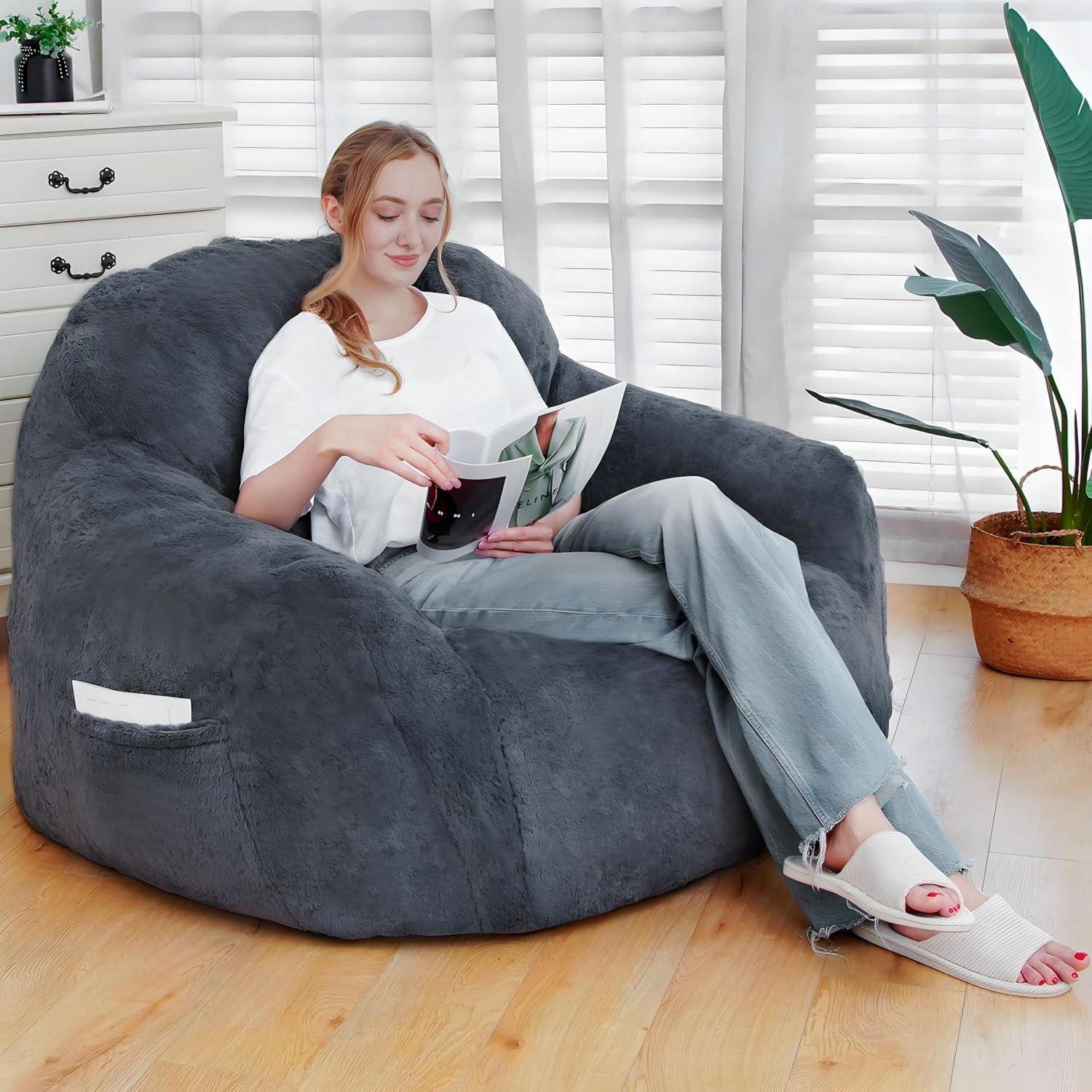 GOHOROS Giant Bean Bag Chair, Bean Bag Chairs for Adults with Armrests, Gaming Chair Stuffed Memory Foam | Storage | Non-Slip, Removable Bean Bag Sofa Comfy Chair for Bedroom, Livingroom (Grey)