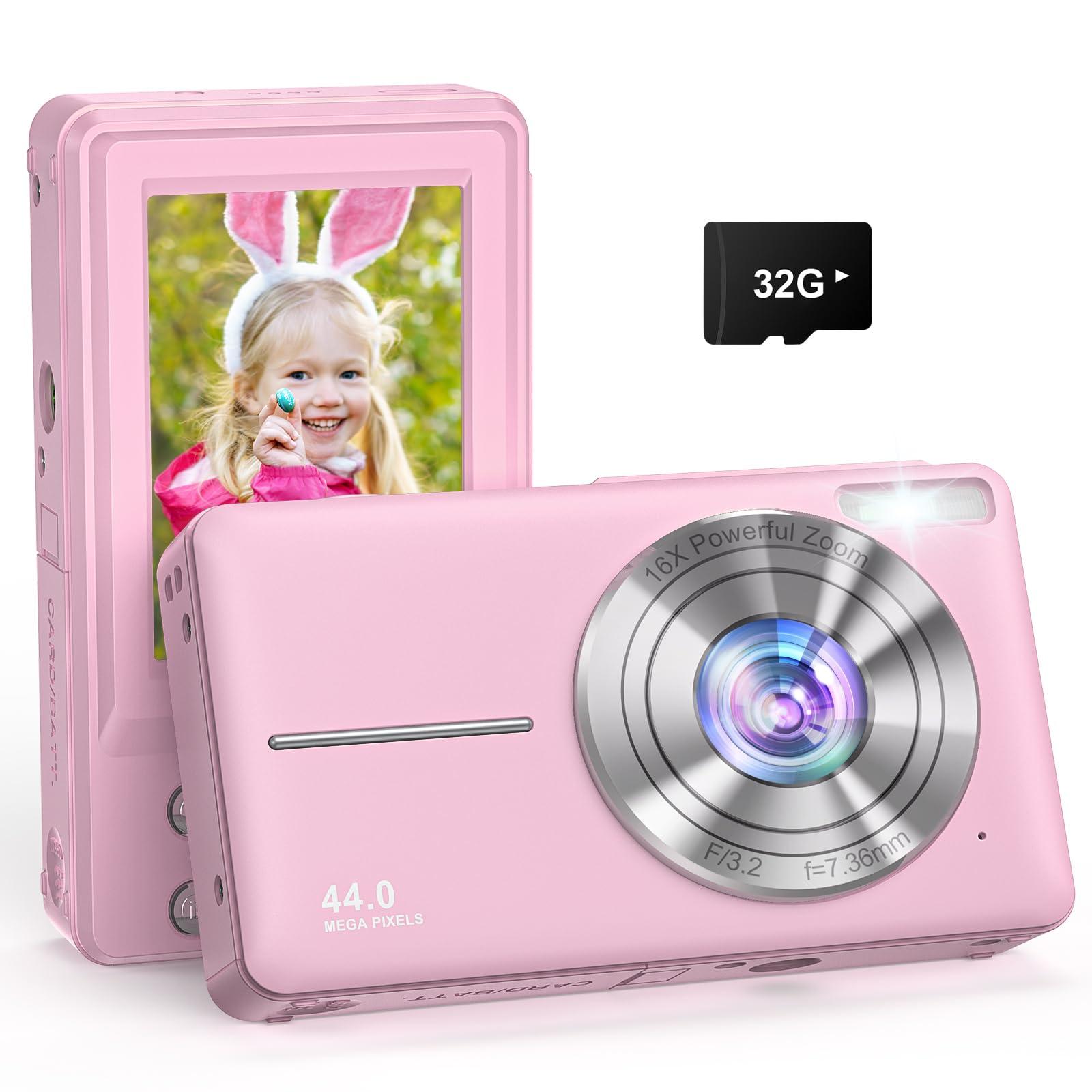 YAXTIFIU Digital Camera, 44MP FHD 1080P Camera for Kids with 32GB Card, Point and Shoot Digital Camera for Teens with 16X Zoom, Portable Kids Camera Gifts for Girls Boys Student Children(Pink)
