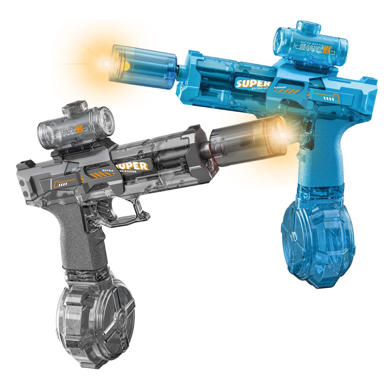 Electric Water Gun for Adults Kids, 2 Pack Automatic Squirt Watergun Pistol with Led Lights, Summer Outdoor Pool Beach Party Toys, Black and Blue