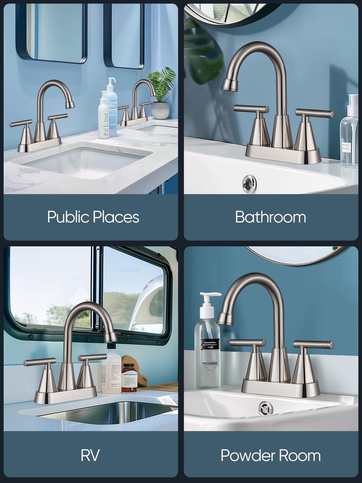 Cobbe 4 inch Brushed Nickel Bathroom Faucets with Pop up Drain and Two Supply Hoses, Lead-Free Stainless Steel 2 Handle Centerset Faucet for Vanity, RV - Image 8