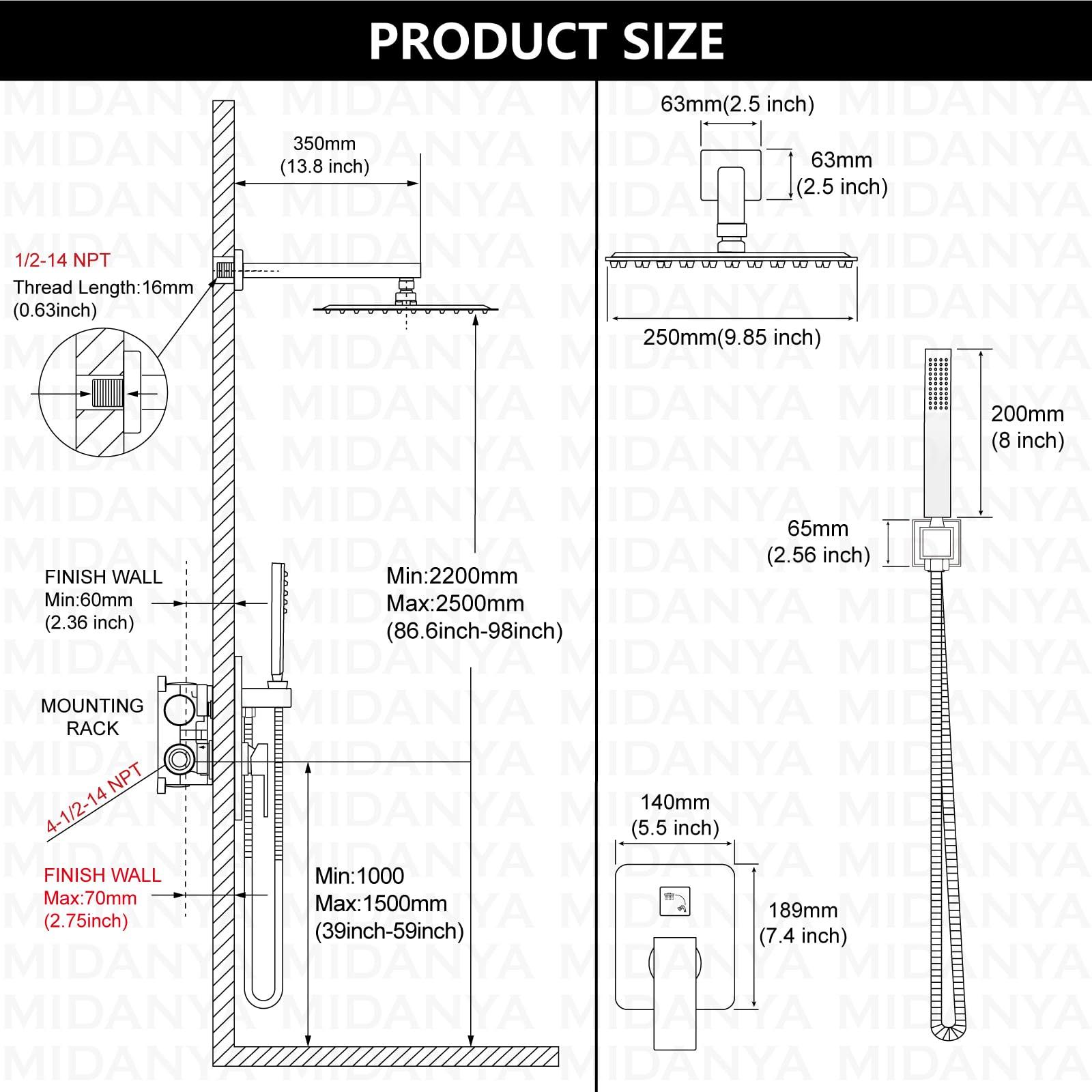 Midanya Rain Shower System Square Rainfall Shower Head Wall Mount Shower Faucet Set with Hand Sprayer Rough-in Valve Trim Kit Bathroom Mixer Shower Combo Set,10 Inch,Matte Black - Image 6