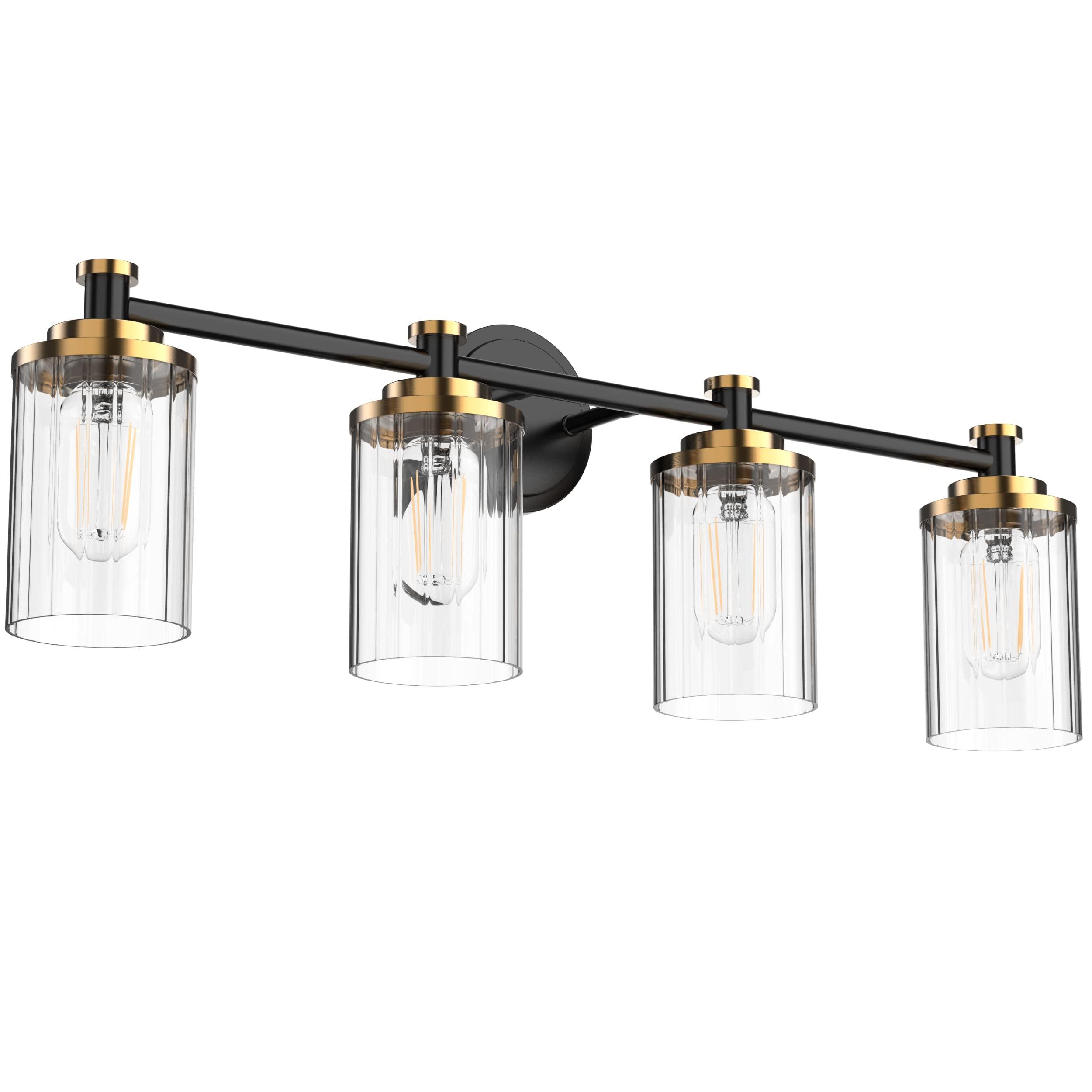 PHIXART Bathroom Lighting Fixtures Black and Gold Bathroom Vanity Light with Cylindrical Clear Stripes Glass Lampshade E26 Socket Base Bathroom Lighting Fixtures Over Mirror (4 Lights)