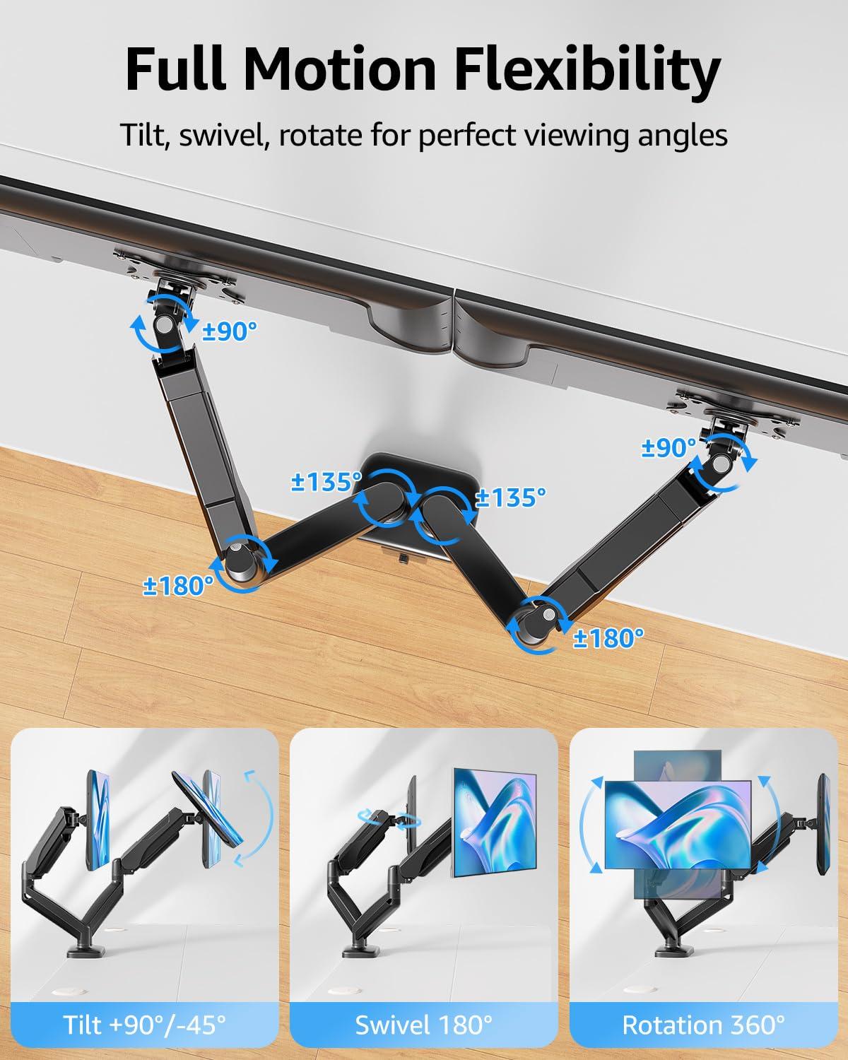 MOUNTUP Dual Monitor Stand for Desk, Pneumatic Monitor Arms for 2 Monitors Max 32 Inches, Height Adjustable Double Monitor Mount, VESA Mounts with C-Clamp & Grommet Base, Holds 4.4-17.6lbs, Black - Image 4