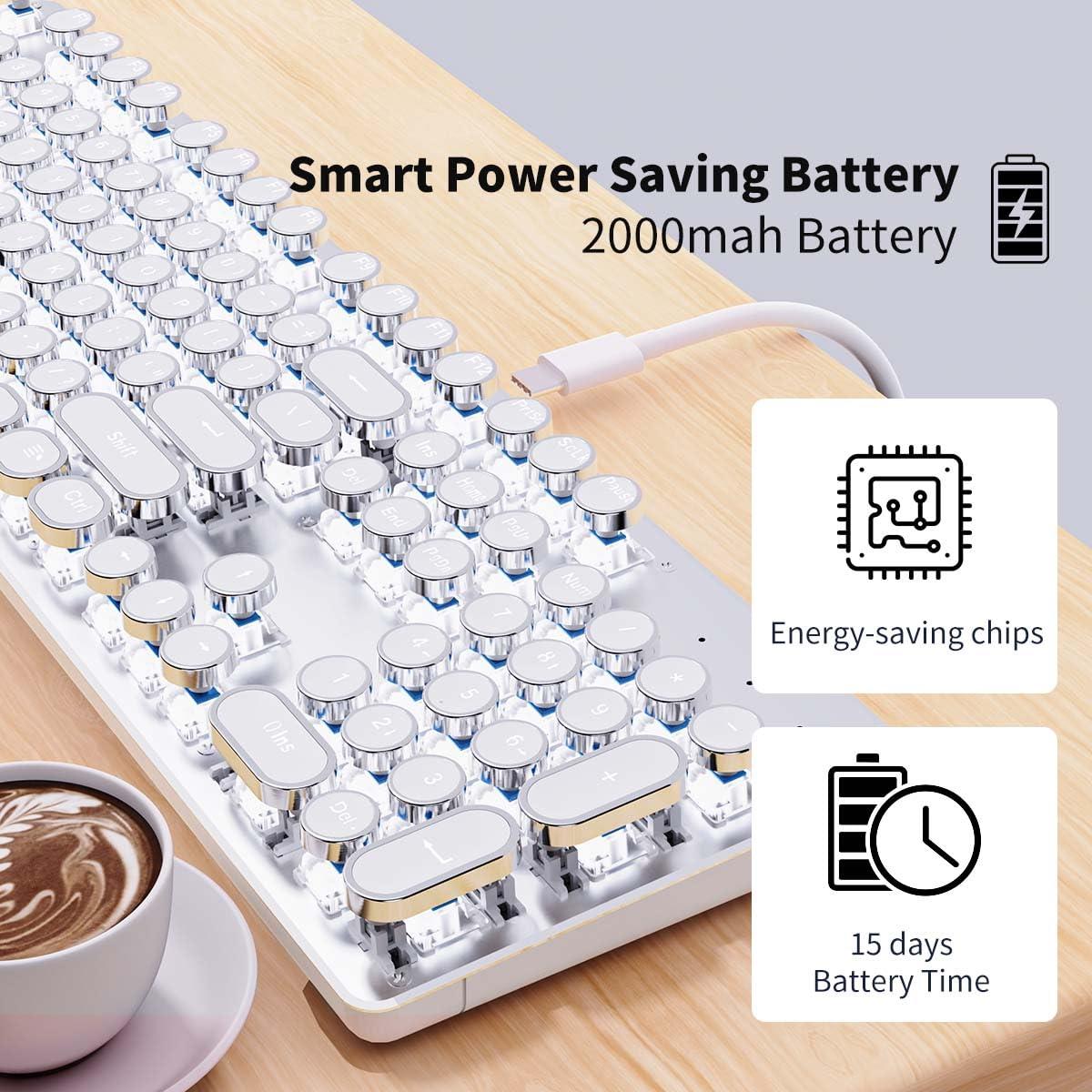 EWEADN TK950 Typewriter Keyboard Wireless Mechanical Keyboards, 104 Keys Aesthetic Typewriter Keyboard with White Backlit, Anti-Ghosting, Blue Switch Bluetooth/2.4GHz/Wired Cute keyboards-White - Image 7