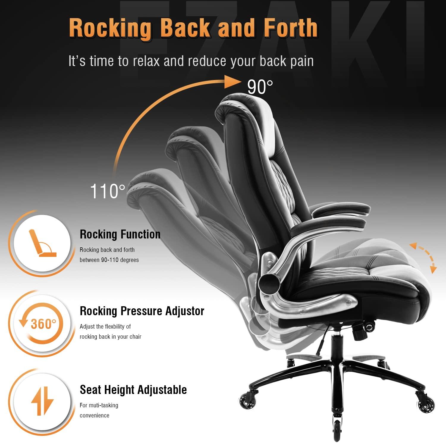 High Back Office Chair- Flip Arms Adjustable Built-in Lumbar Support, Executive Computer Desk Chair Work Chairs, Thick Padded Strong Metal Base Quiet Wheels, Ergonomic Design for Back Pain - Image 5