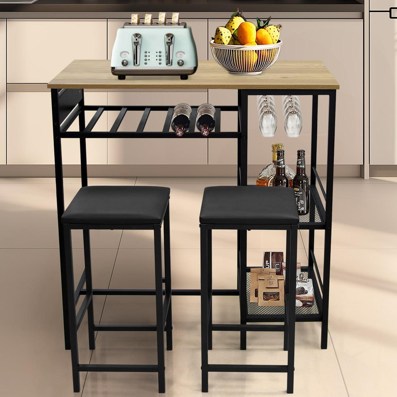 Ghouse Bar Table and Chairs Set of 2 with Storage Rack 4 Rows of Wine Glass Hanging Holder Pub Table with 2-Tier Storage Shelves for Apartment Living Room Dining Room Natural Oak 36.7 Inches Height - Image 3