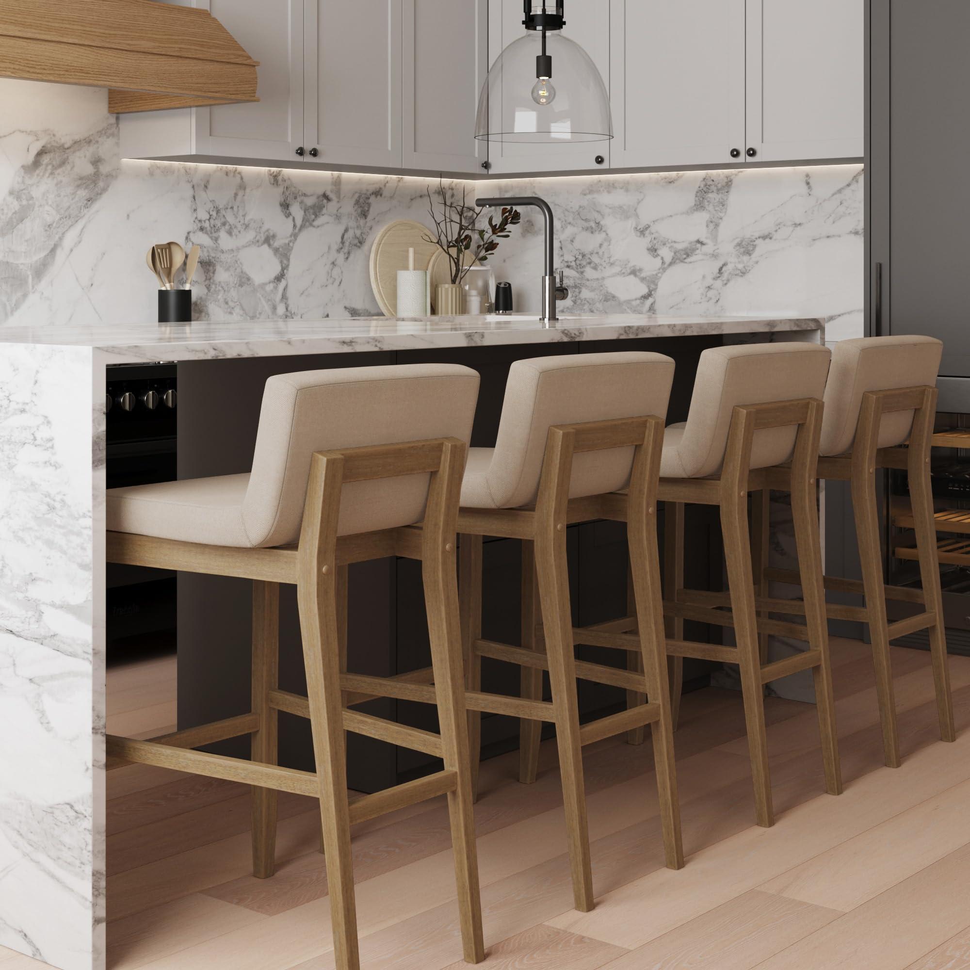 Nathan James Gracie Modern Bar Stool with Back, Cushioned Bar Height Stool with Natural Flax Upholstery and Brushed Wooden Legs, Natural Flax/Brown - Image 3