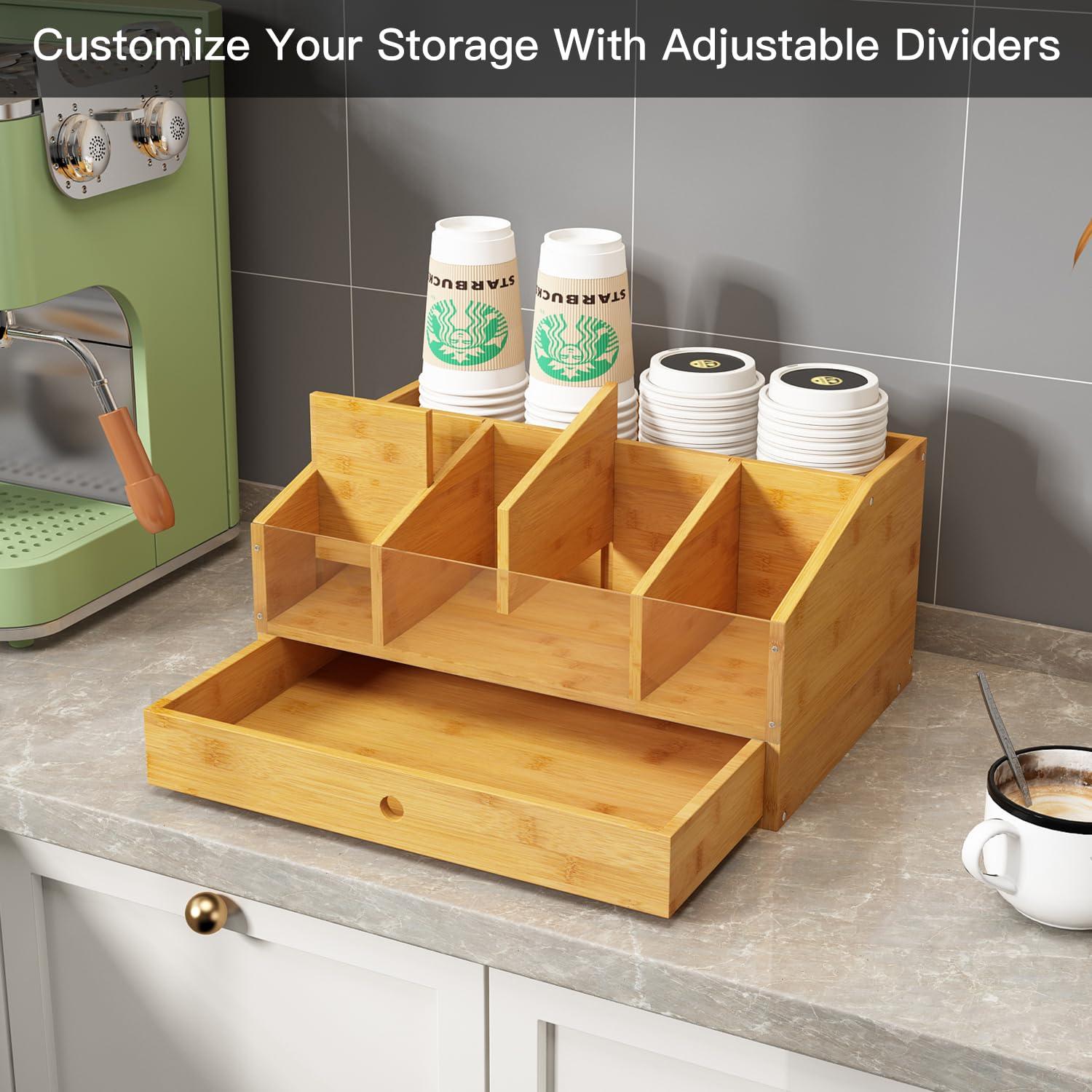 AEEHFENG Coffee Station Organizer for Countertop Coffee Condiment Organizer, Office Coffee Station, Small Cute Coffee Bar Organizer – Bamboo & Wooden Storage with Removable Dividers & Drawer - Image 4