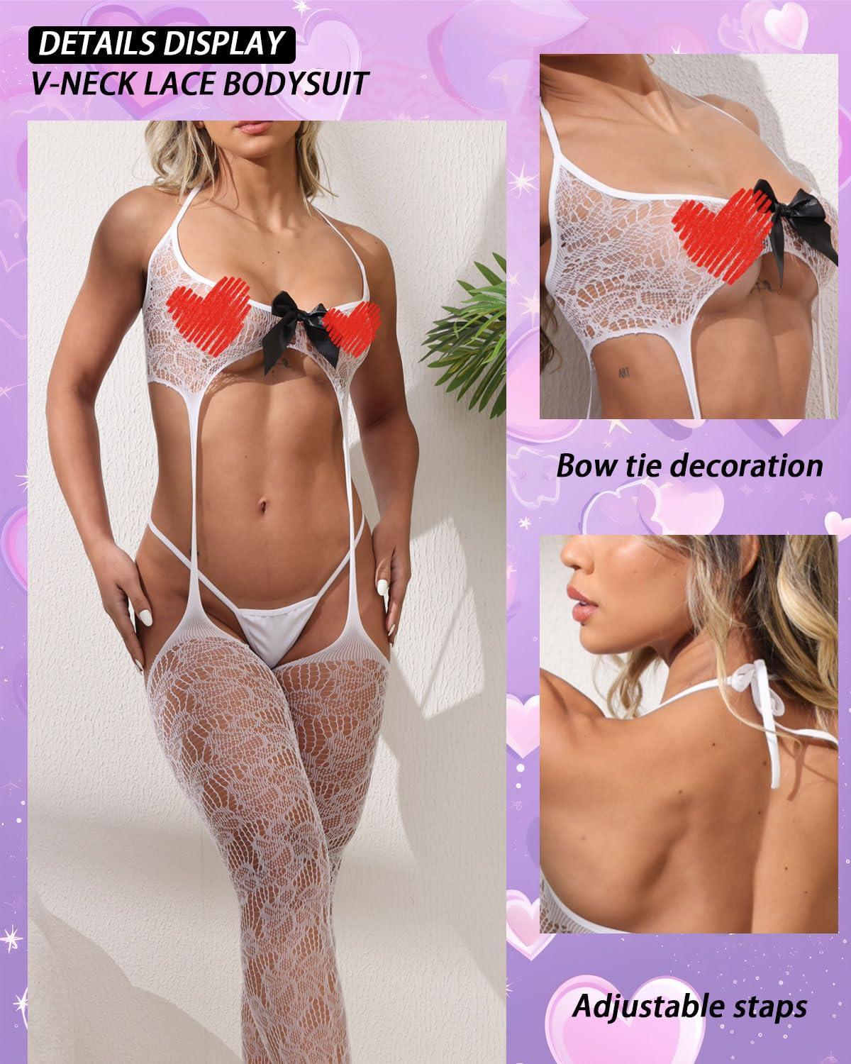 QOXNORC Women's Sexy Lingerie 3 Piece Lingerie Set with Garter Belt Stockings and Panty, Lace Crotchless Teddy Bodysuit - Image 3